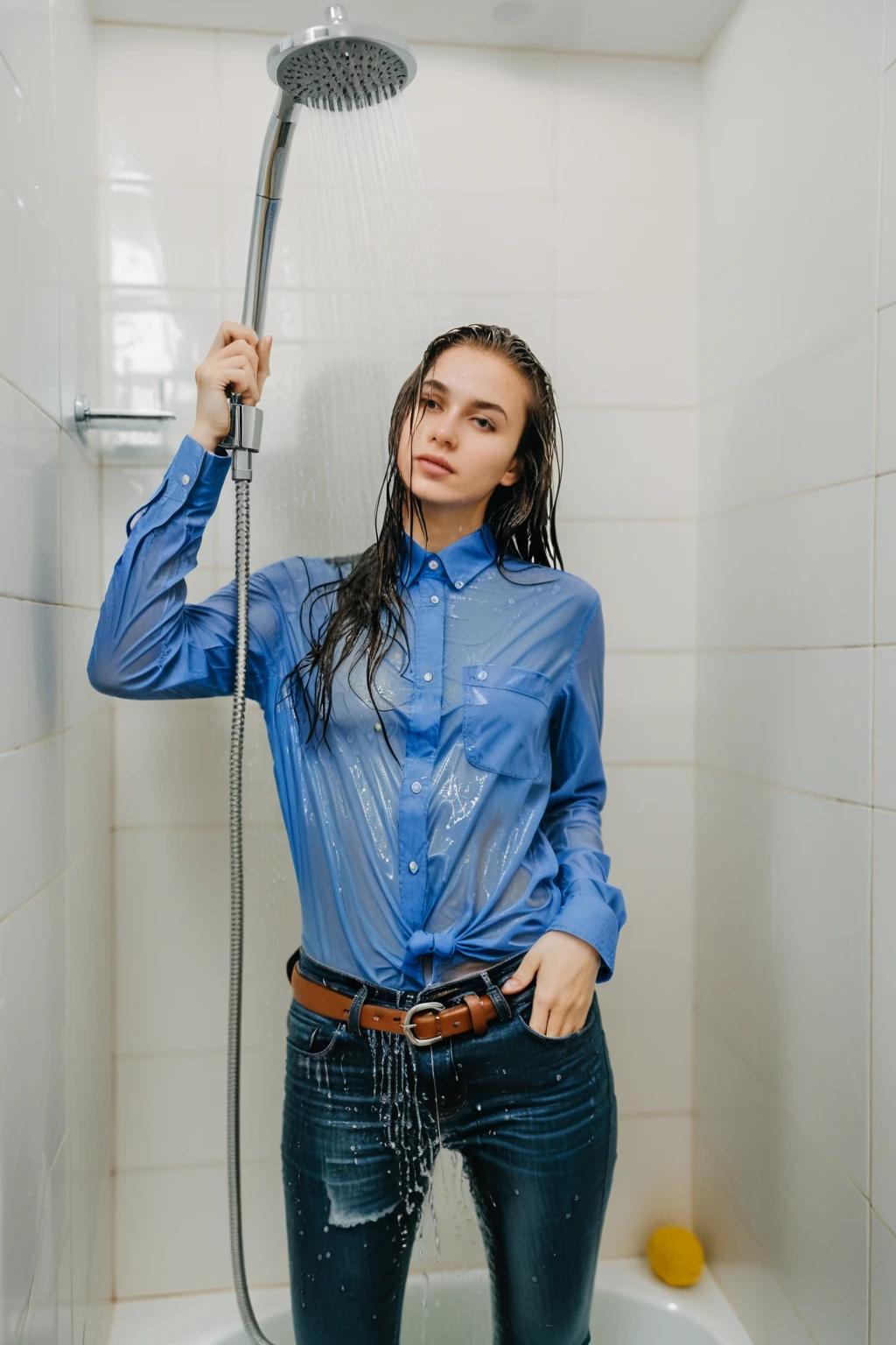 wetgirl, wet hair, wet blue shirt, shirt tucked into skinny jeans, belt, looking at viewer, standing in the shower, water drop, photographed on a Fujifilm XT3, 80mm F/1.7 prime lens, cinematic film still, cinestill 500T, highly detailed, masterpiece, highest quality, intricately detailed, HDR, 8k, uhd, photorealistic, <lora:add_detail:0.5>, <lora:wetgirl:0.7>