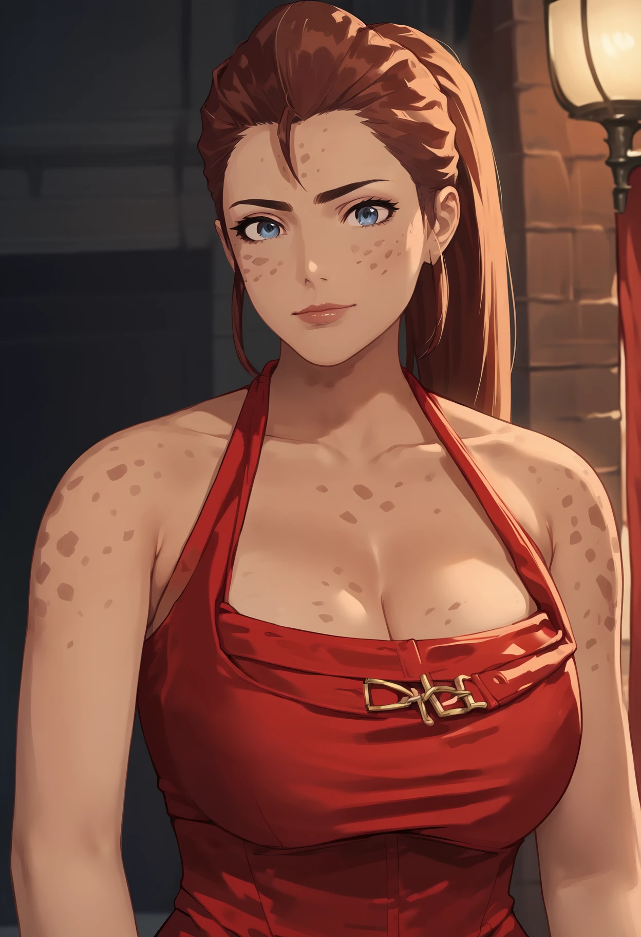 score_9, score_8_up, score_7_up,   ll14,1girl,solo,looking at viewer,portrait, <lora:ll14:1>   <lora:Outfit_soph-WomanInTheRedDress-PDXL:1.2> red dress, halterneck,huge breasts, sleeveless,cleavage