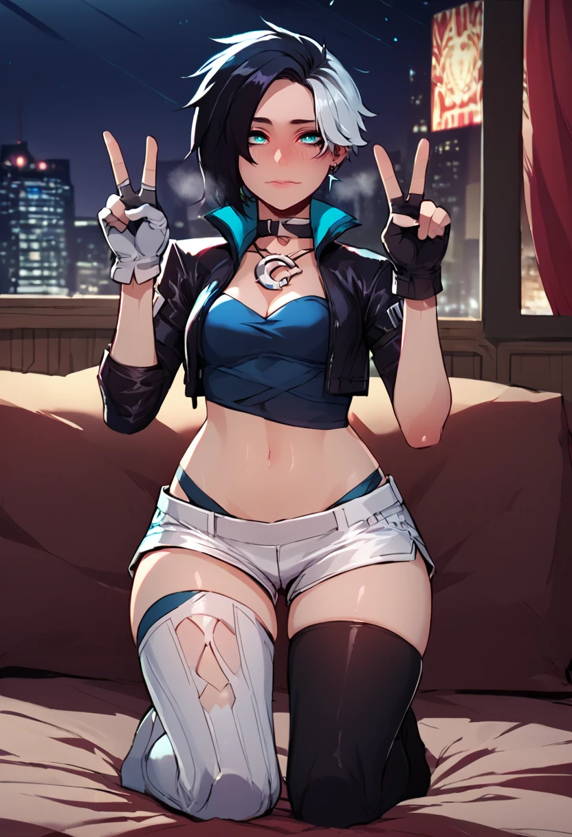 score_9, score_8_up, score_7_up,score_6_up, source_anime,night time, 
BREAK
lunasnow,black hair, two-tone hair,in heat, cropped jacket, midriff, white shorts,thighhighs,bedroom, city, kneeling,double peace sign, v, looking looking at viewer,gloves, asymmetrical legwear,closed mouth,  <lora:lunasnow-08:0.9><lora:ratatatat74_pony_v2:1>