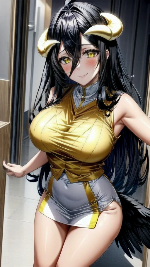 1girl, albedo, office suit, overlord albedo, yellow eyes, horns, black wings, black hair,  <lora:albedo:1>, smile, (whole body:1.1), <lora:add_detail:1>