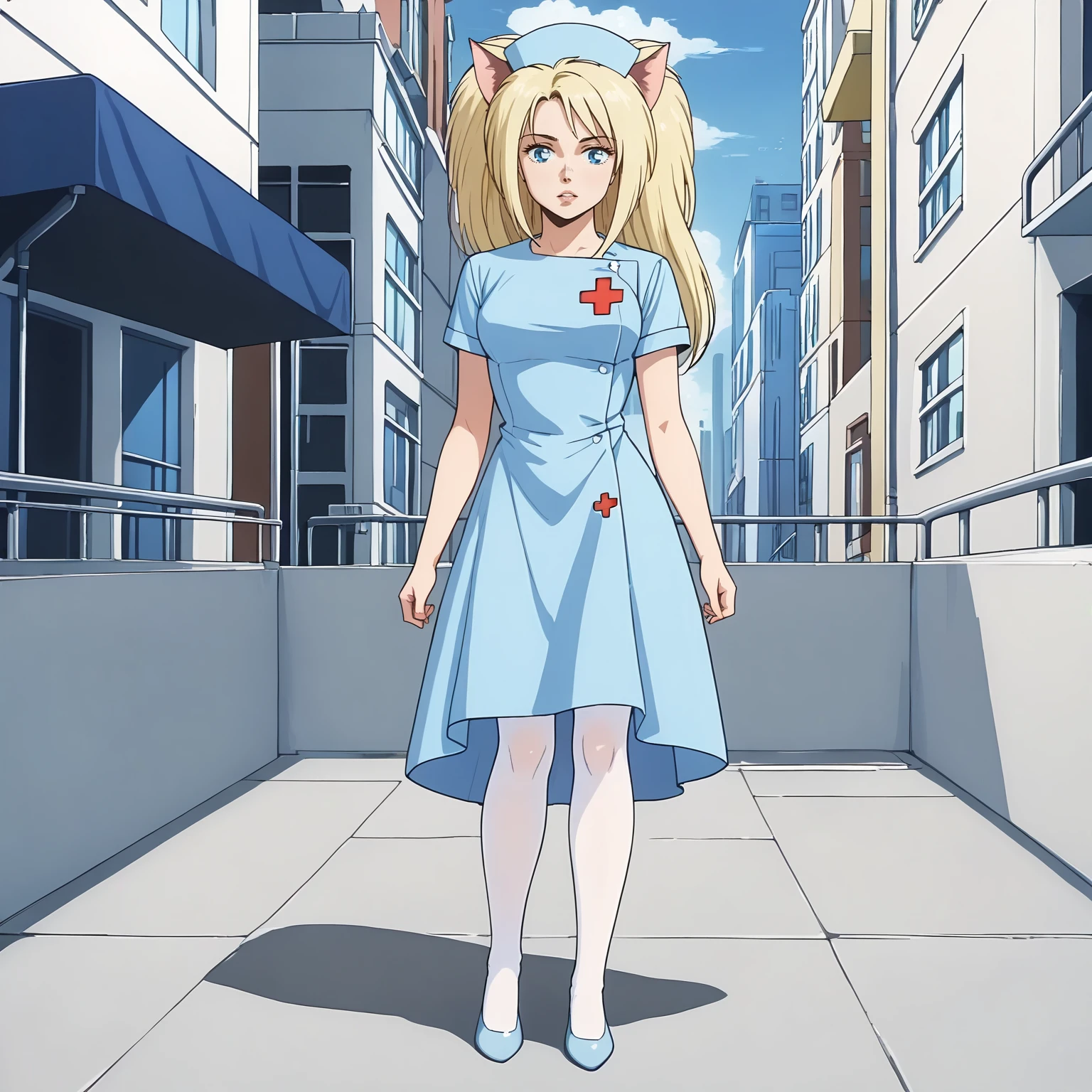 <lora:PumaSistersXLpony007:0.7>,
parted lips,
solo,
PumaSisters,1girl,blonde hair,longhair,cat ears,blue eyes,
nurse_cap,blue dress,long_dress,short_sleeves,white_pantyhose,
full body,standing,
outdoors,city,