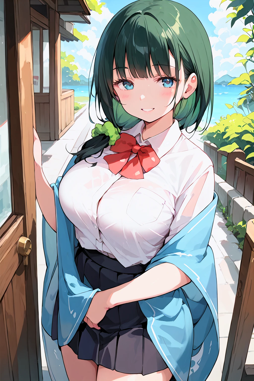 score_9, score_8_up, score_7_up, , score_ANIME, , sssshass, 1girl, , solo,, black hair, ,, blue eyes,, long hair, shawl, , looking at viewer, black skirt, white shirt, bangs, red bowtie, standing, green hair scrunchie, cowboy shot, large breasts, low side ponytail,    <lora:sssshass_pony:0.975>, school, thighs, smile,