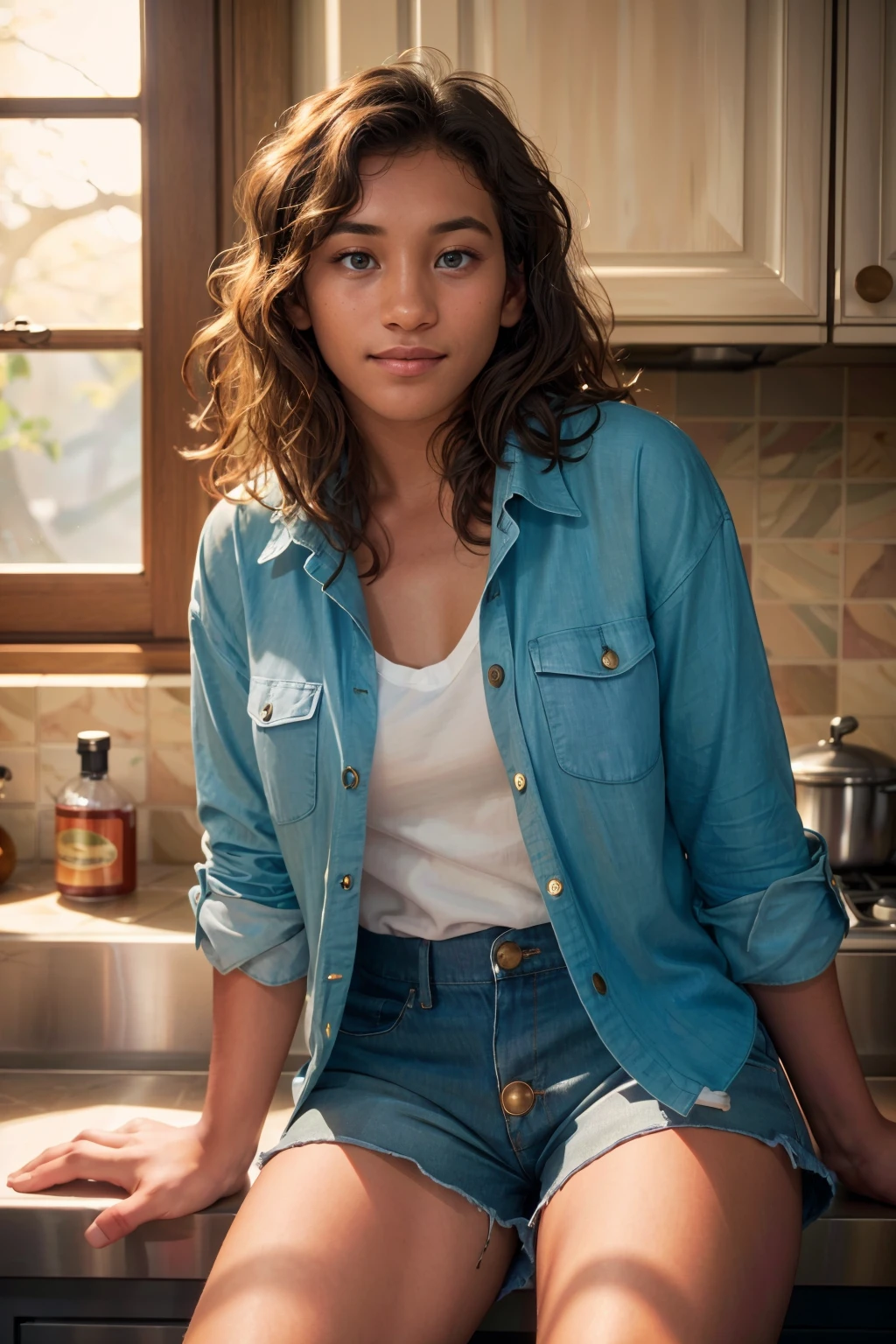 a photograph of (1girl, 23 years old, slight smile), <lora:ZH_SydneyPark_v1SD15:1>, zh_sydneypark, solo, realistic, black eyes, dark skin, looking at viewer, wearing (loose chambray button shirt and shorts)