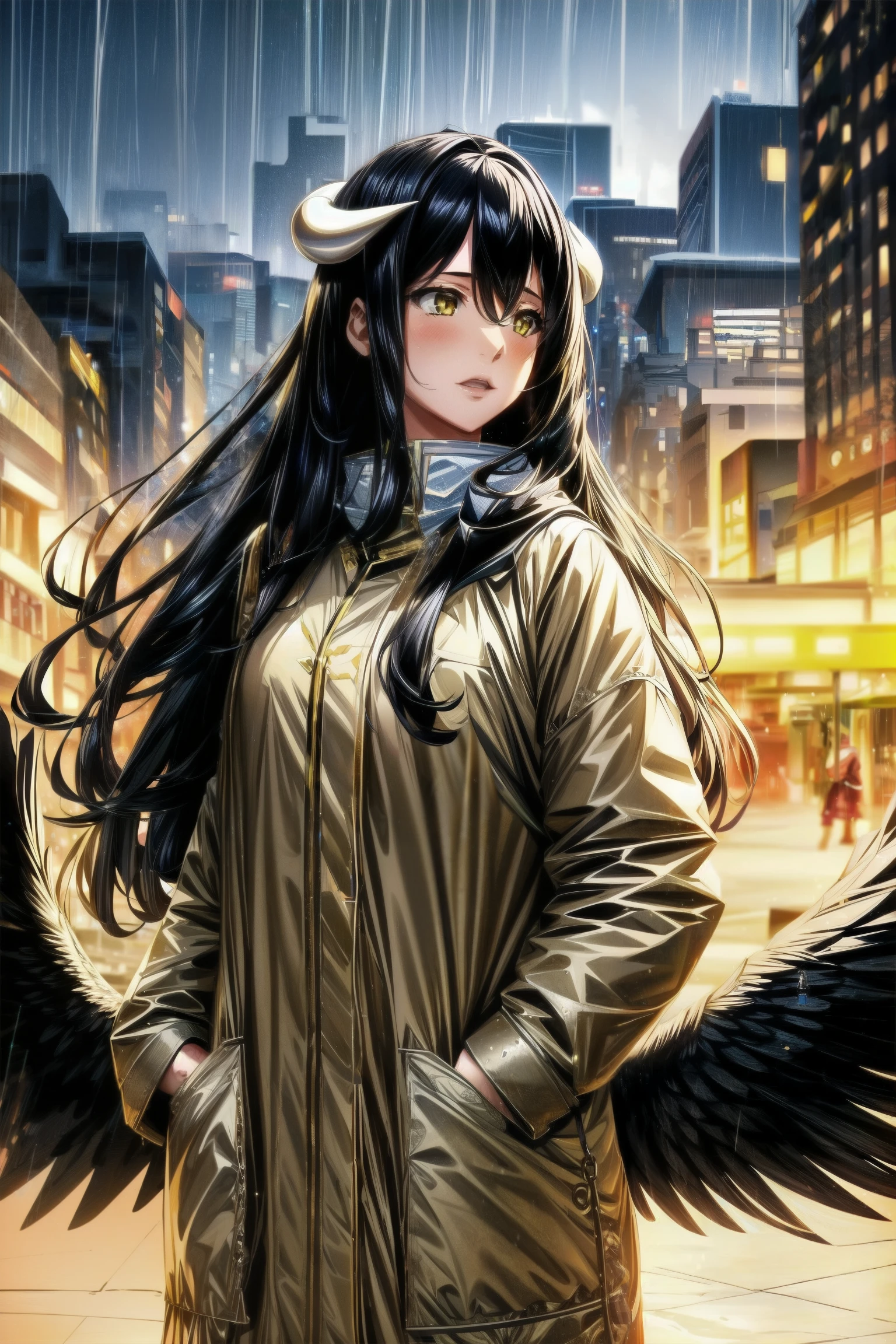 1girl, albedo, night city,rain,coat,hands in pockets, <lora:add_detail:1>,  <lora:albedo:1>, black hair, horns, black wings, yellow eyes