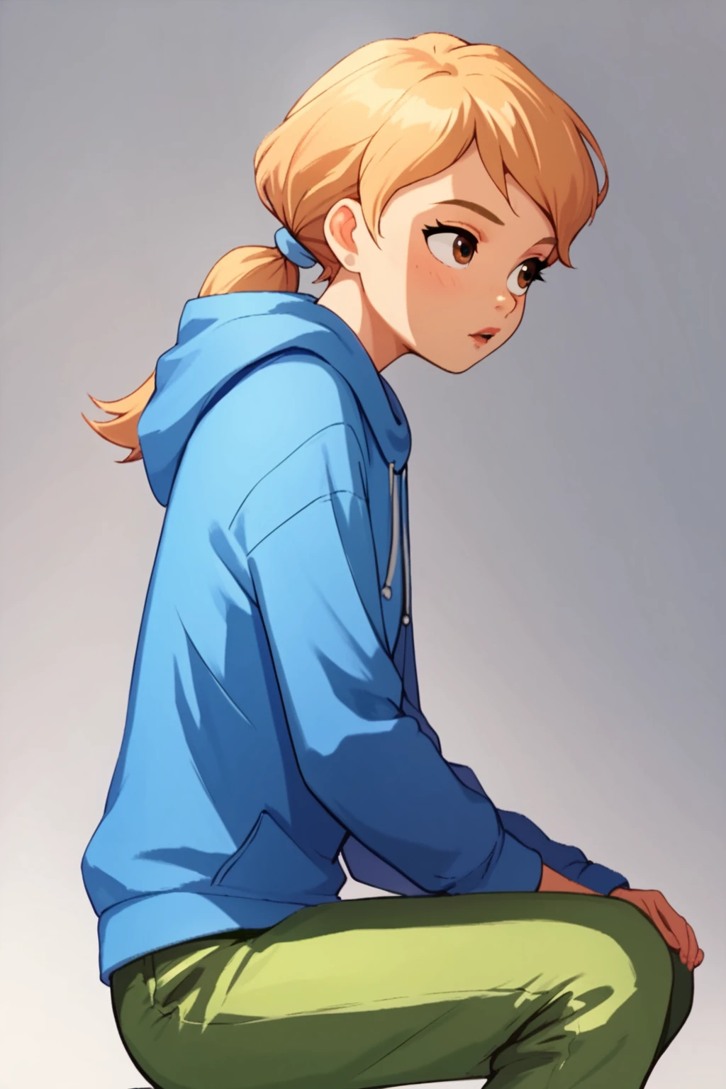  score_9, score_8_up, score_7_up, cartoon style, 1girl, solo, Daphne, blue hoodie, green pants, short hair, blonde hair, ponytail, brown eyes, (((short body))), young,