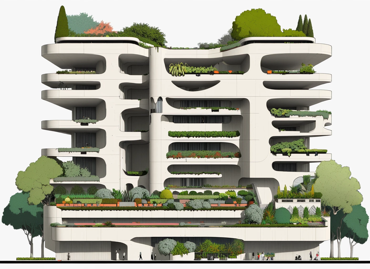 Architectural elevation, high rise brutalist tower, minimal, lush terraces, trees, people, planters, arched structure  <lora:Show_XL-000004:2.0>