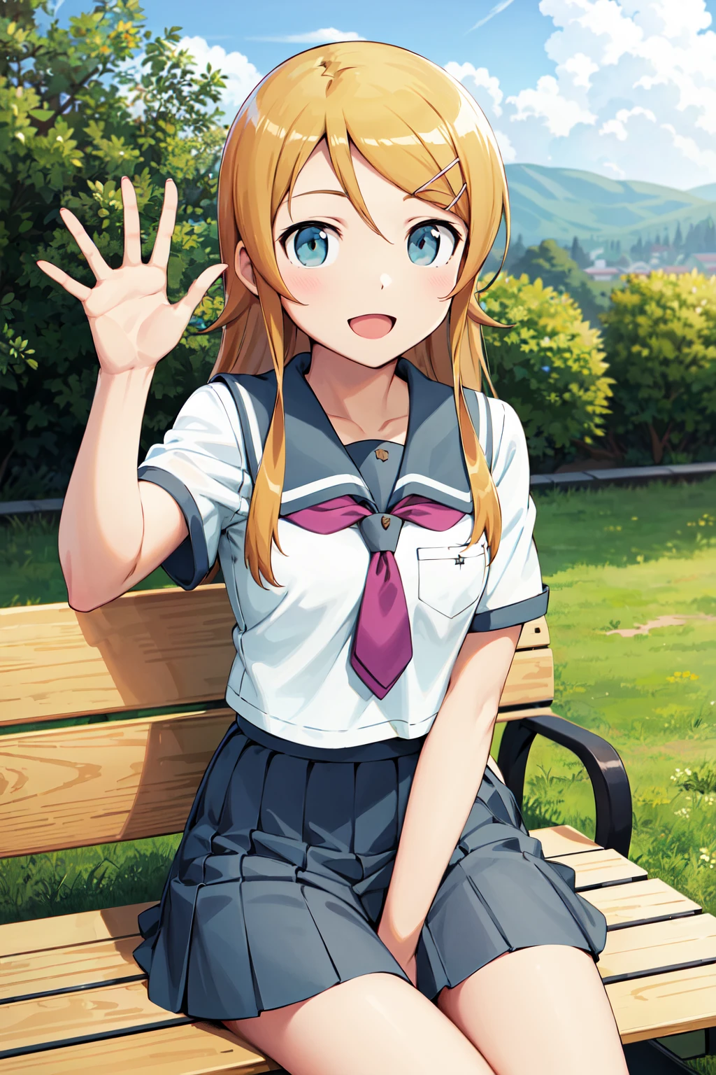 masterpiece, best quality, highres, aakirino, long hair, hairclip, school uniform, grey sailor collar, purple neckerchief, white shirt, short sleeves, pleated skirt, grey skirt, <lora:kousaka_kirino_v1:0.7>, sitting, outdoors, bench, open mouth, waving, smile,