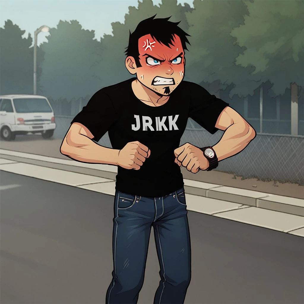 score_8, score_9, break, solo, DV, black hair, facial hair, goatee, shirt, jeans, outdoors, angry