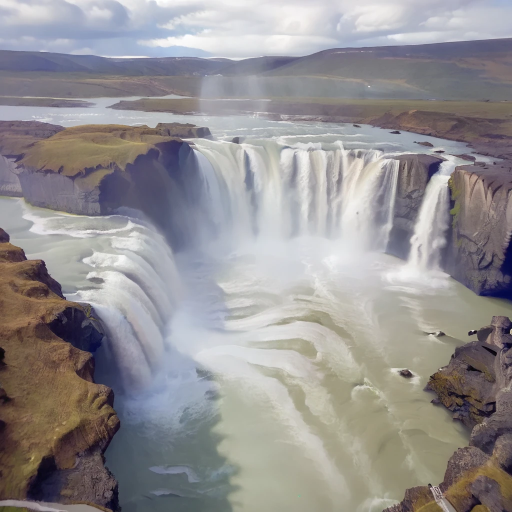 high res, 8k, godafoss, waterfall, beautiful, far away high angle, ((midnight)), fog <lora:Godafoss-000007:0.8>