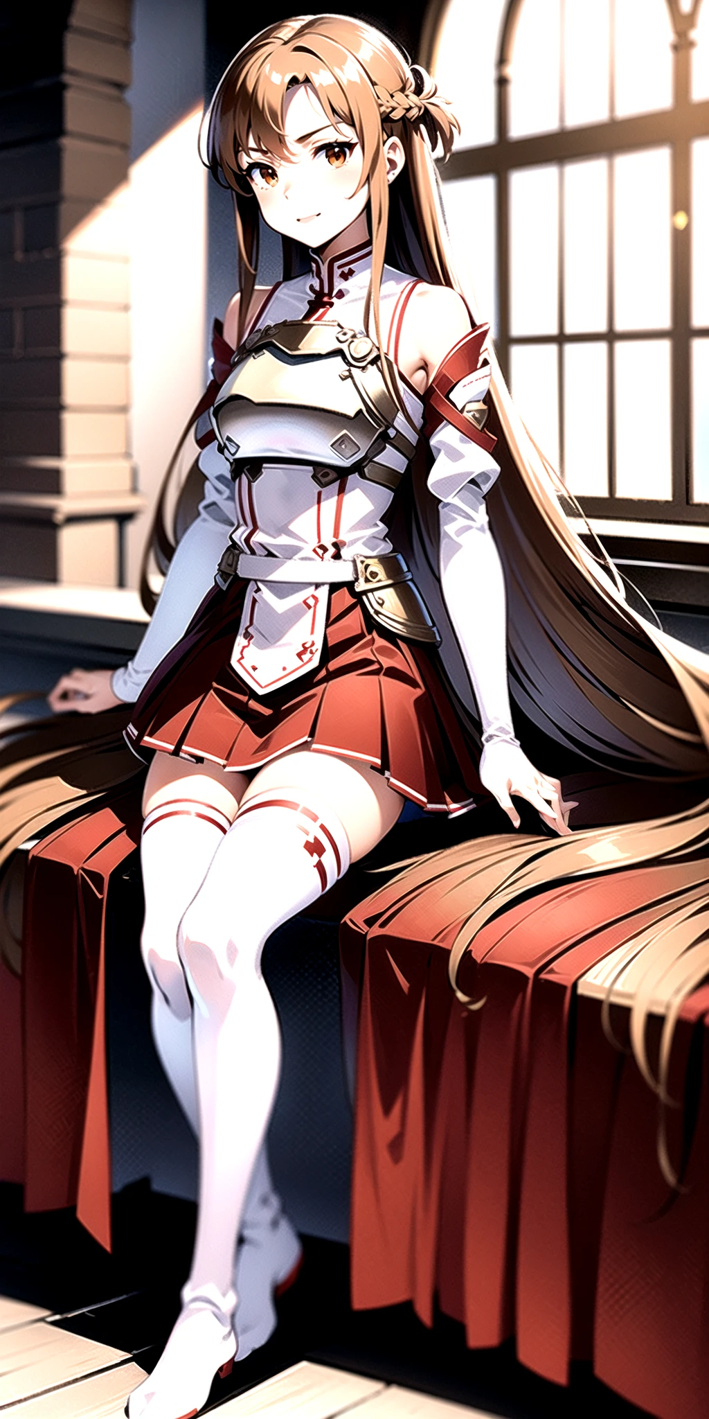 (asuna_first_uniform:1.2),1girl,full body,red pleated skirt,<lora:asunafirstuniform:1>.tall body, tall, long legs,simple background, indoors, long hair, brown hair, brown eyes, solo, weapon, sword, thighhighs, skirt, smile, armor, breastplate, detached sleeves, white thighhighs, looking at viewer, bare shoulders, red skirt, very long hair,sitting