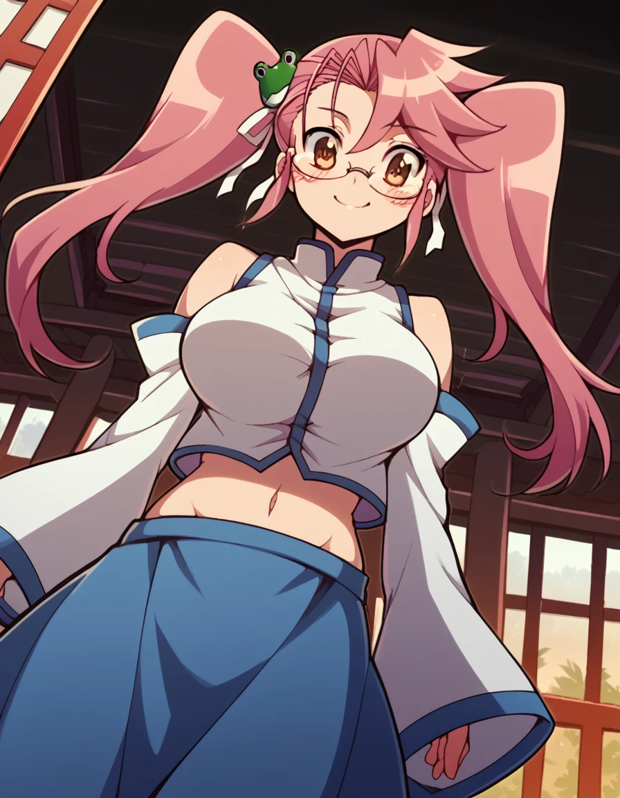 score_9, score_8_up, score_7_up, source_anime, sayatakagi, <lora:saya-takagi-ponyxl-lora-nochekaiser:1>, saya takagi, long hair, ribbon, twintails, brown eyes, hair ribbon, pink hair, glasses, large breasts,, <lora:sanae-kochiya-cosplay-ponyxl-lora-nochekaiser:1>, sanaekochiyacosplay, kochiya sanae \(cosplay\), blue skirt, crop top, detached sleeves, frog hair ornament, hair ornament, long skirt, long sleeves, midriff, navel, shirt, skirt, sleeveless, sleeveless shirt, white shirt, wide sleeves,, shrine, smile, blush,, cowboy shot, dutch angle, solo,