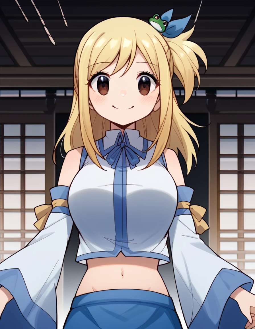 score_9, score_8_up, score_7_up, source_anime, lucyheartfilia, <lora:lucy-heartfilia-s7-ponyxl-lora-nochekaiser:1>, lucy heartfilia, blonde hair, brown eyes, long hair, one side up, ribbon, hair ribbon, blue ribbon, large breasts,, <lora:sanae-kochiya-cosplay-ponyxl-lora-nochekaiser:1>, sanaekochiyacosplay, kochiya sanae \(cosplay\), blue skirt, crop top, detached sleeves, frog hair ornament, hair ornament, long skirt, long sleeves, midriff, navel, shirt, skirt, sleeveless, sleeveless shirt, white shirt, wide sleeves,, shrine, smile, blush,, cowboy shot, dutch angle, solo,