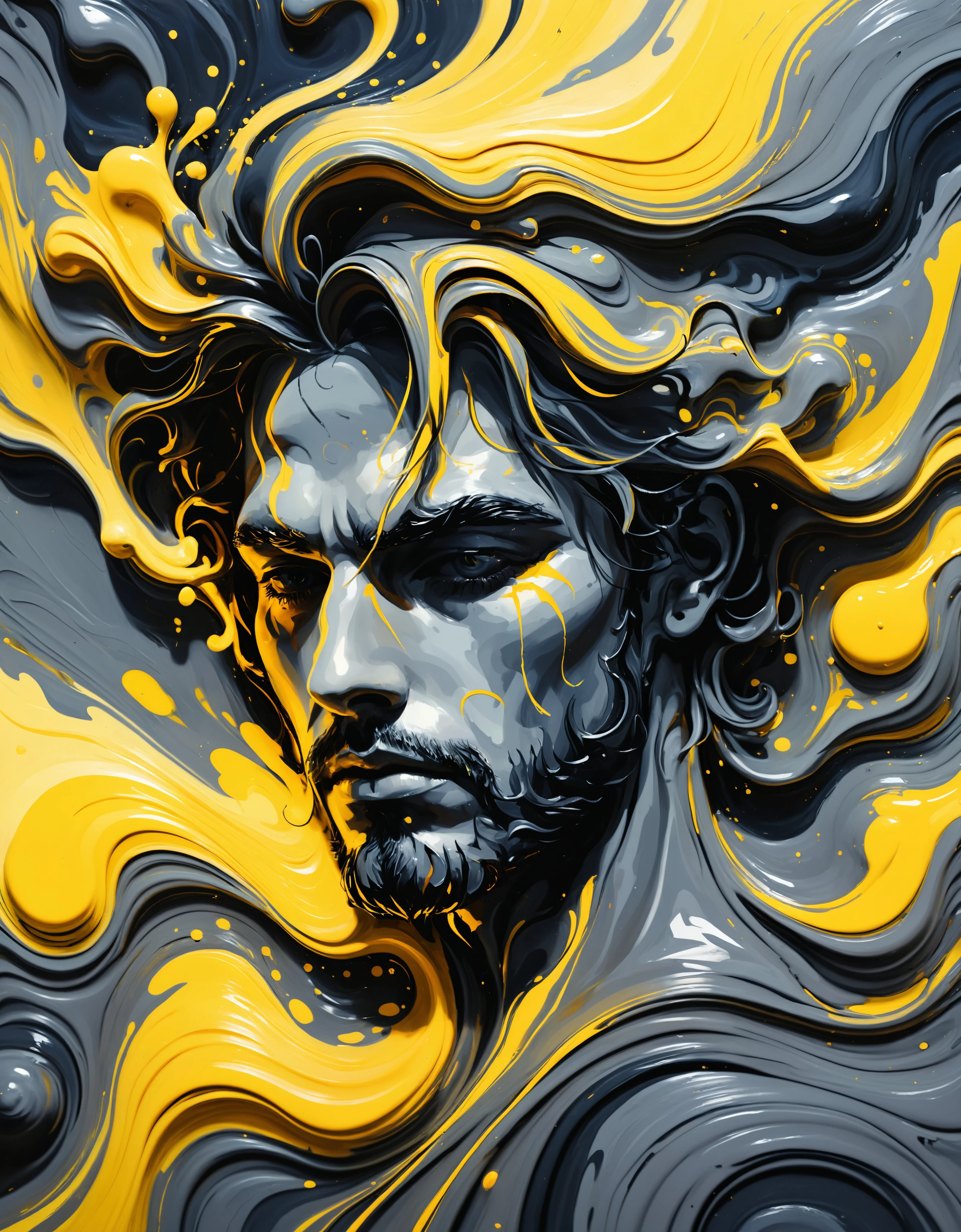 zavy-lqdprtrt, liquid paint, masterpiece, Man, he is 2000'S, his hair is Slate Gray and Lemon Yellow, at Sunset, deep focus, Evil, Vibrant Color, Swirling dark yellow, emotional, perfect composition, fabulous colors, original, colorful, highly detail