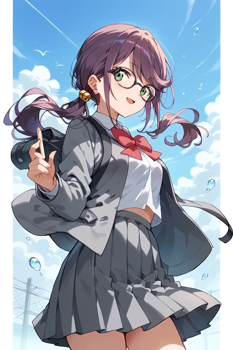 score_9, score_8_up, score_7_up, score_6_up, 1girl,
 <lora:Junna_Hoshimi:1> junna, glasses, green eyes, long hair, side ponytail, gray skirt, school uniform, gray jacket,