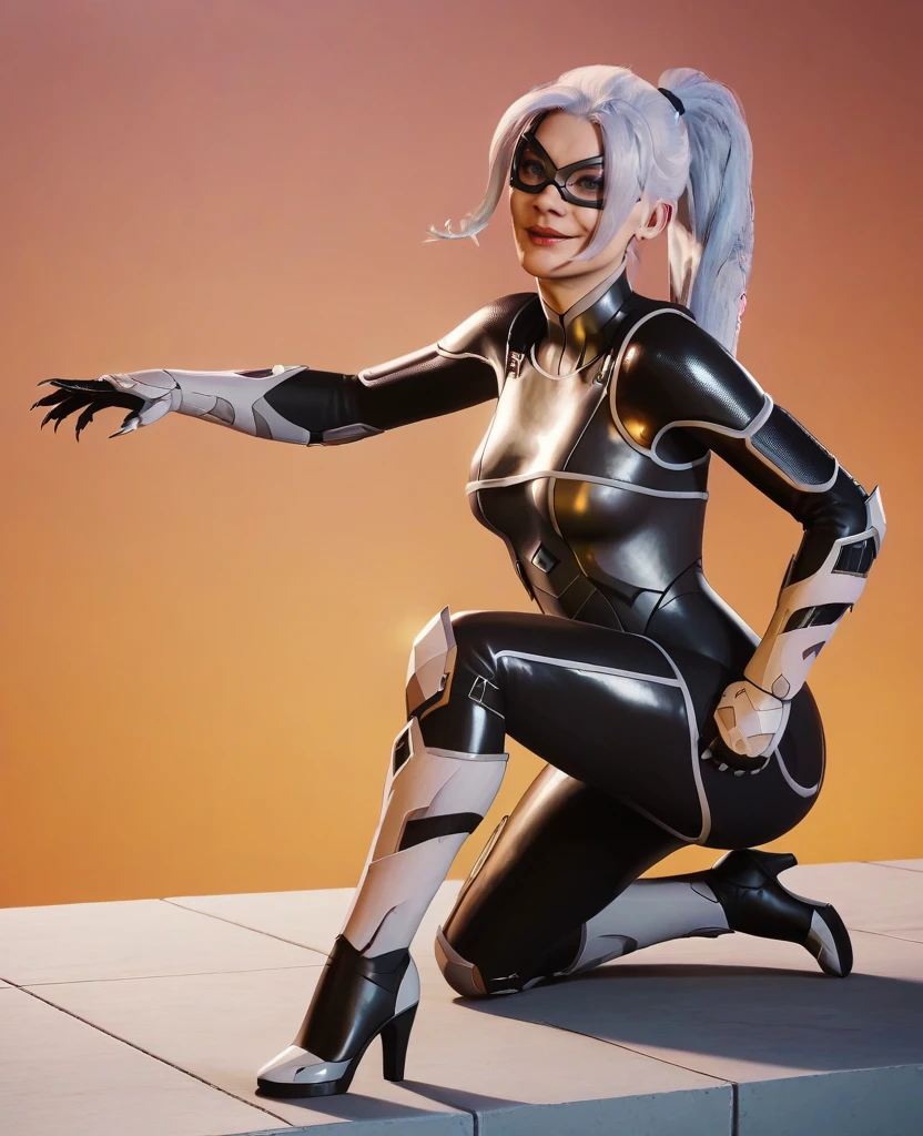 score_9, score_8_up, score_7_up, masterpiece, absurdres, <lora:blackCat-000003:0.9> ,blackcat, 1girl, long hair, breasts, smile, braid, armor, lips, bodysuit, makeup, mask, lipstick, black bodysuit, ponytail,looking at viewer, full body, smile, closed mouth, hands on own hips, sitting on edge of bridge