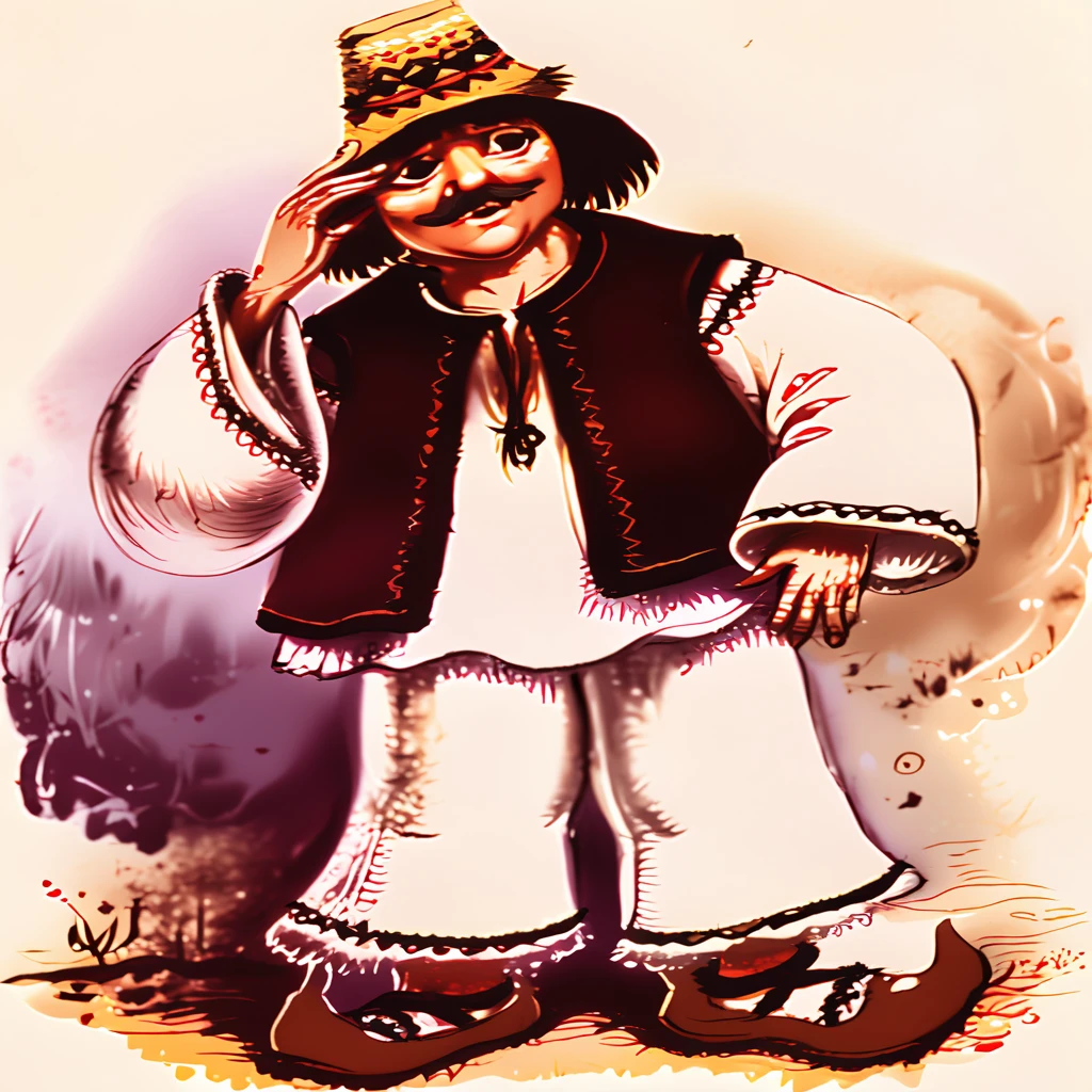 image in cocacret style of a man standing, man wearing traditional romanian peasant clothing, man wearing opinci-like moccasins, man wearing a clop-like straw hat, man wearing an undecorated ie-like peasant blouse, children's book illustration