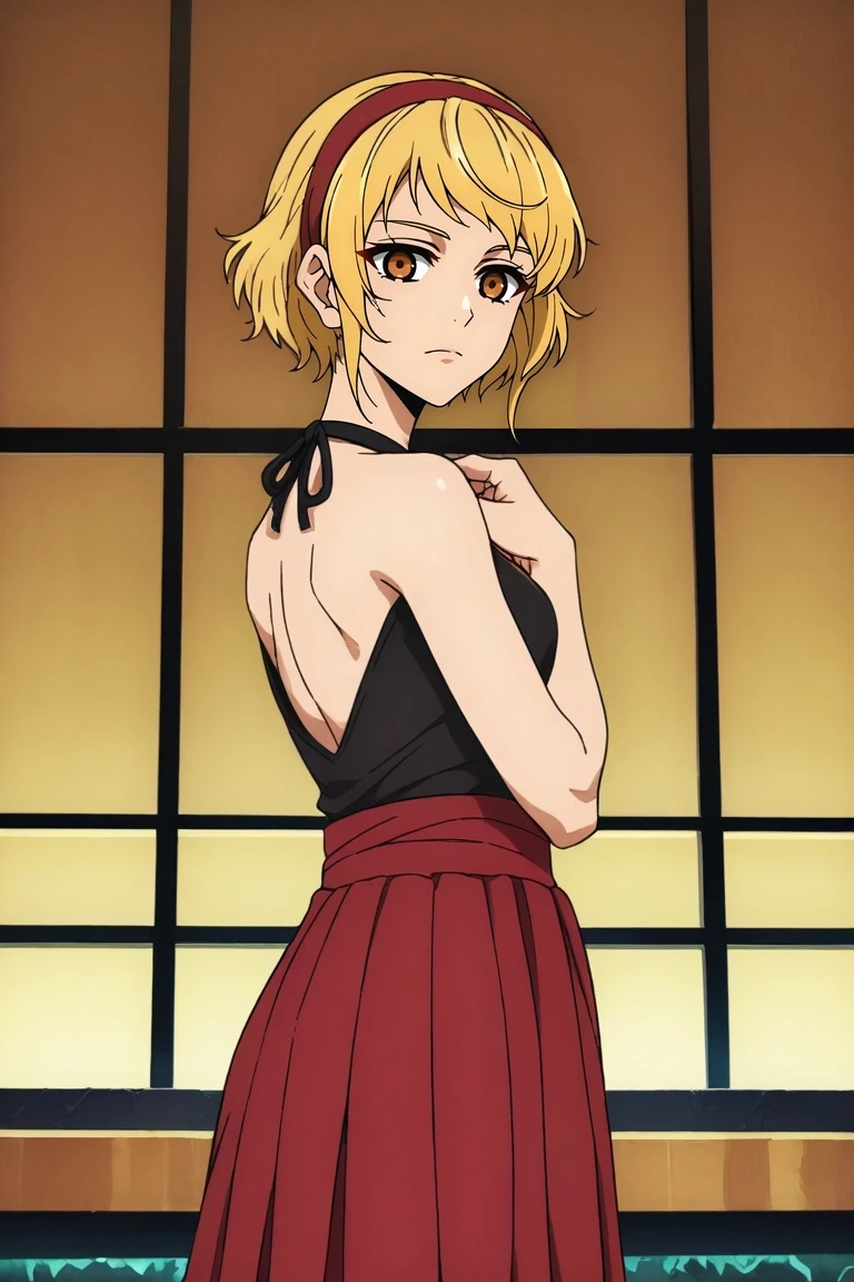 zPDXL, score_9, score_8_up, score_7_up, rating_safe, , looking at viewer, , 1girl, dark brown eyes, medium blonde hair, half-up half-down hairstyle, headband, halterneck, coral skirt, solo, from below, cold, ice, indoors, dark, legs together, :\3, <lora:kami_no_tou_style_pony:1.16>, kami_no_tou_style, , <lora:sdxl_lightning_8step_lora:1>