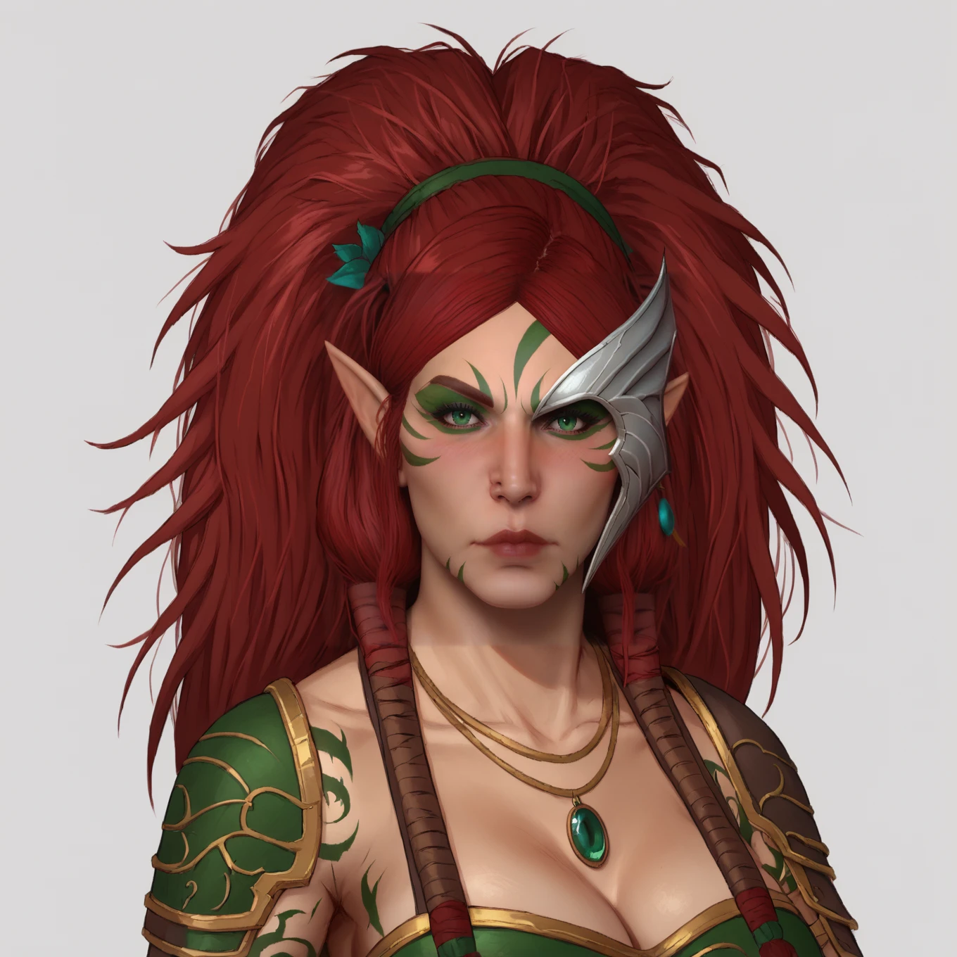 score_9, score_8_up, bust,
BladeSinger, mature woman, voluptuous, armor, facepaint, facial mark, arm tattoo, long hair, green eyes, red hair, pointy ears, solo,
looking at viewer, blush, aroused,
<lora:BladeSinger:1>