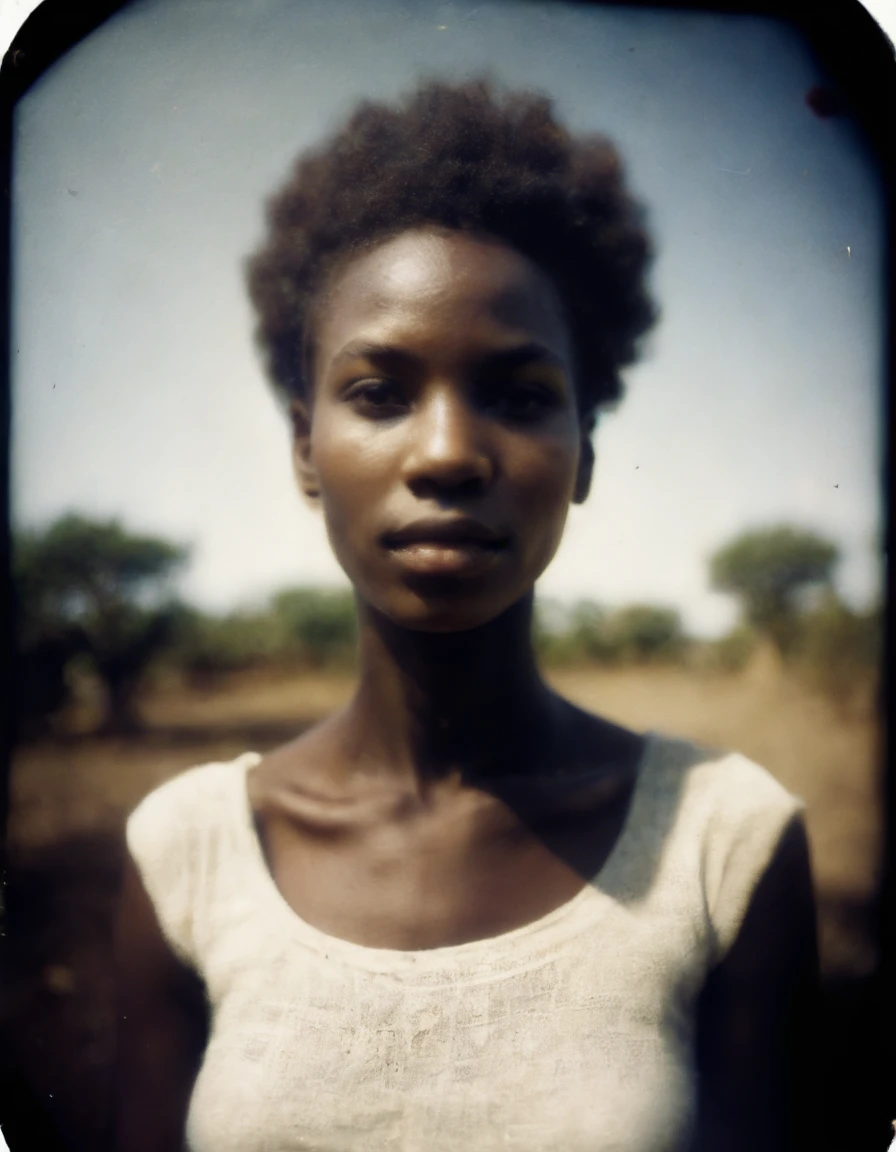 pinhole photo portrait closeup head and shoulders of a beautiful Kenyan model sun dappled 