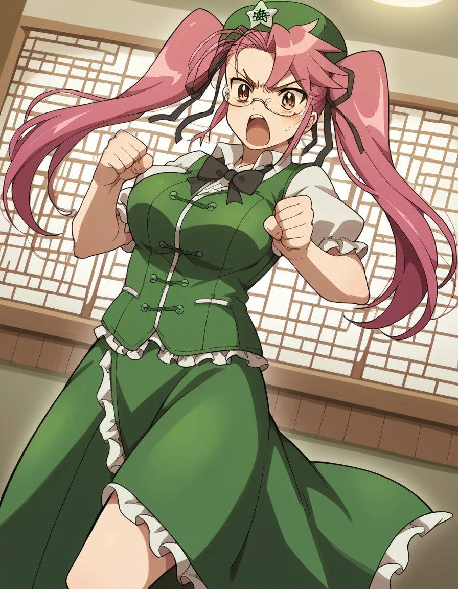 score_9, score_8_up, score_7_up, source_anime, sayatakagi, <lora:saya-takagi-ponyxl-lora-nochekaiser:1>, saya takagi, long hair, ribbon, twintails, brown eyes, hair ribbon, pink hair, glasses, large breasts,, <lora:hong-meiling-cosplay-ponyxl-lora-nochekaiser:1>, hongmeilingcosplay, hong meiling \(cosplay\), beret, black bow, black bowtie, black ribbon, bow, bowtie, collared shirt, frilled sleeves, frills, green hat, green skirt, green vest, hat, hat ornament, long skirt, neck ribbon, puffy short sleeves, puffy sleeves, short sleeves, side slit, skirt, star hat ornament, vest, white shirt,, indoors, open mouth, blush, fighting stance, leg up, leg lift,, cowboy shot, dutch angle, solo,