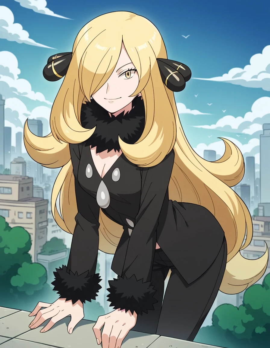 score_9, score_8_up, score_7_up, source_anime,
pokemoncynthia, <lora:pokemon-cynthia-anime-ponyxl-lora-nochekaiser:1>
pokemoncynthia, blonde hair, hair ornament, hair over one eye, long hair, yellow eyes,
black coat, black pants, black shirt, coat, fur collar, fur trim, fur-trimmed sleeves, pants, shirt,
outdoors, cityscape, bent over, smile,
looking at viewer, cowboy shot, dutch angle,