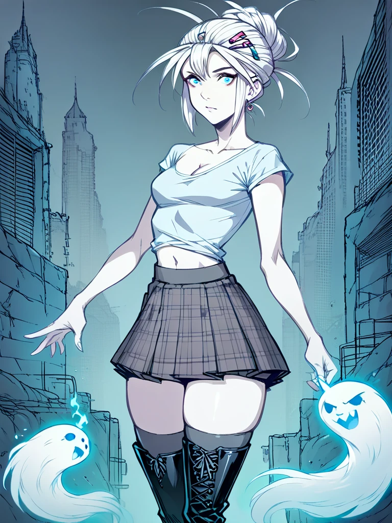 score_9, score_8_up, score_7_up, score_6_up, ghostly 1girl, chalk skin, pale ghost, colored skin, silver hair, (ghostly talia), hairclip, pale skin, simple shirt, small breasts, cleavage, gray plaid skirt, thighhighs, black tall boots, standing sideways, ((colored:1.8) cityscape background)