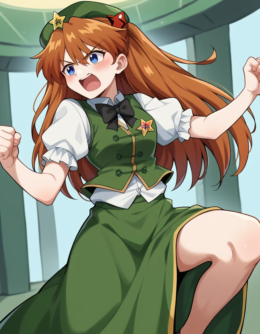 score_9, score_8_up, score_7_up, source_anime, asukalangleysoryu, <lora:asuka-langley-soryuu-classic-ponyxl-lora-nochekaiser:1>, asuka langley soryu, long hair, bangs, blue eyes, brown hair, hair ornament,, <lora:hong-meiling-cosplay-ponyxl-lora-nochekaiser:1>, hongmeilingcosplay, hong meiling \(cosplay\), beret, black bow, black bowtie, black ribbon, bow, bowtie, collared shirt, frilled sleeves, frills, green hat, green skirt, green vest, hat, hat ornament, long skirt, neck ribbon, puffy short sleeves, puffy sleeves, short sleeves, side slit, skirt, star hat ornament, vest, white shirt,, indoors, open mouth, blush, fighting stance, leg up, leg lift,, cowboy shot, dutch angle, solo,