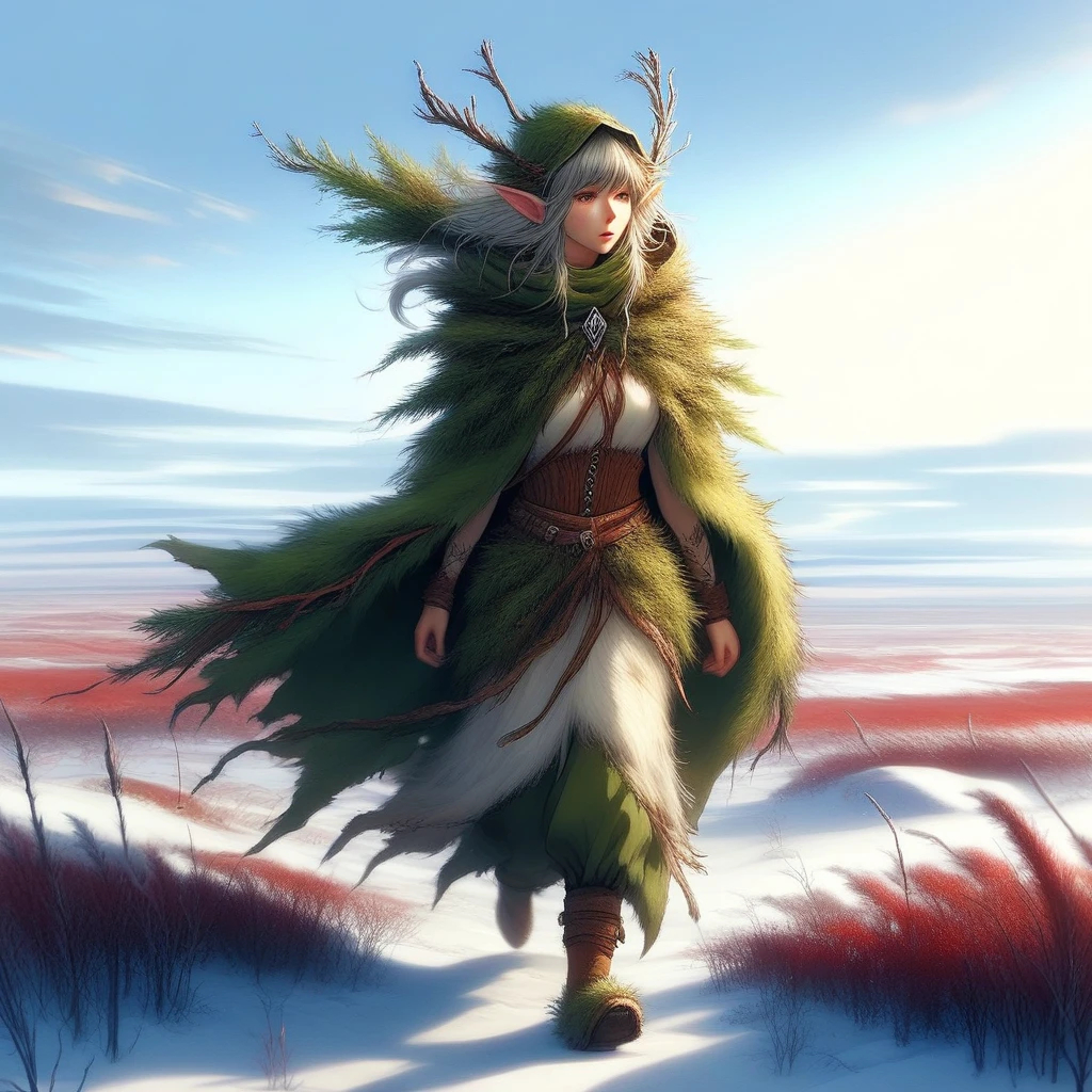 woodelf, 1woman, walking through the tundra