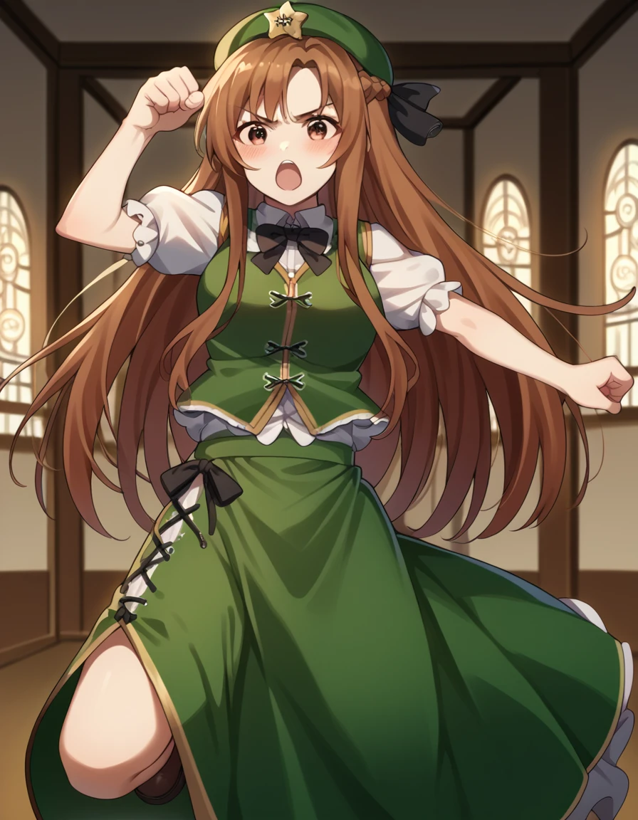 score_9, score_8_up, score_7_up, source_anime, asunayuuki, <lora:asuna-yuuki-s1-ponyxl-lora-nochekaiser:1>, asuna yuuki, long hair, brown hair, brown eyes,, <lora:hong-meiling-cosplay-ponyxl-lora-nochekaiser:1>, hongmeilingcosplay, hong meiling \(cosplay\), beret, black bow, black bowtie, black ribbon, bow, bowtie, collared shirt, frilled sleeves, frills, green hat, green skirt, green vest, hat, hat ornament, long skirt, neck ribbon, puffy short sleeves, puffy sleeves, short sleeves, side slit, skirt, star hat ornament, vest, white shirt,, indoors, open mouth, blush, fighting stance, leg up, leg lift,, cowboy shot, dutch angle, solo,