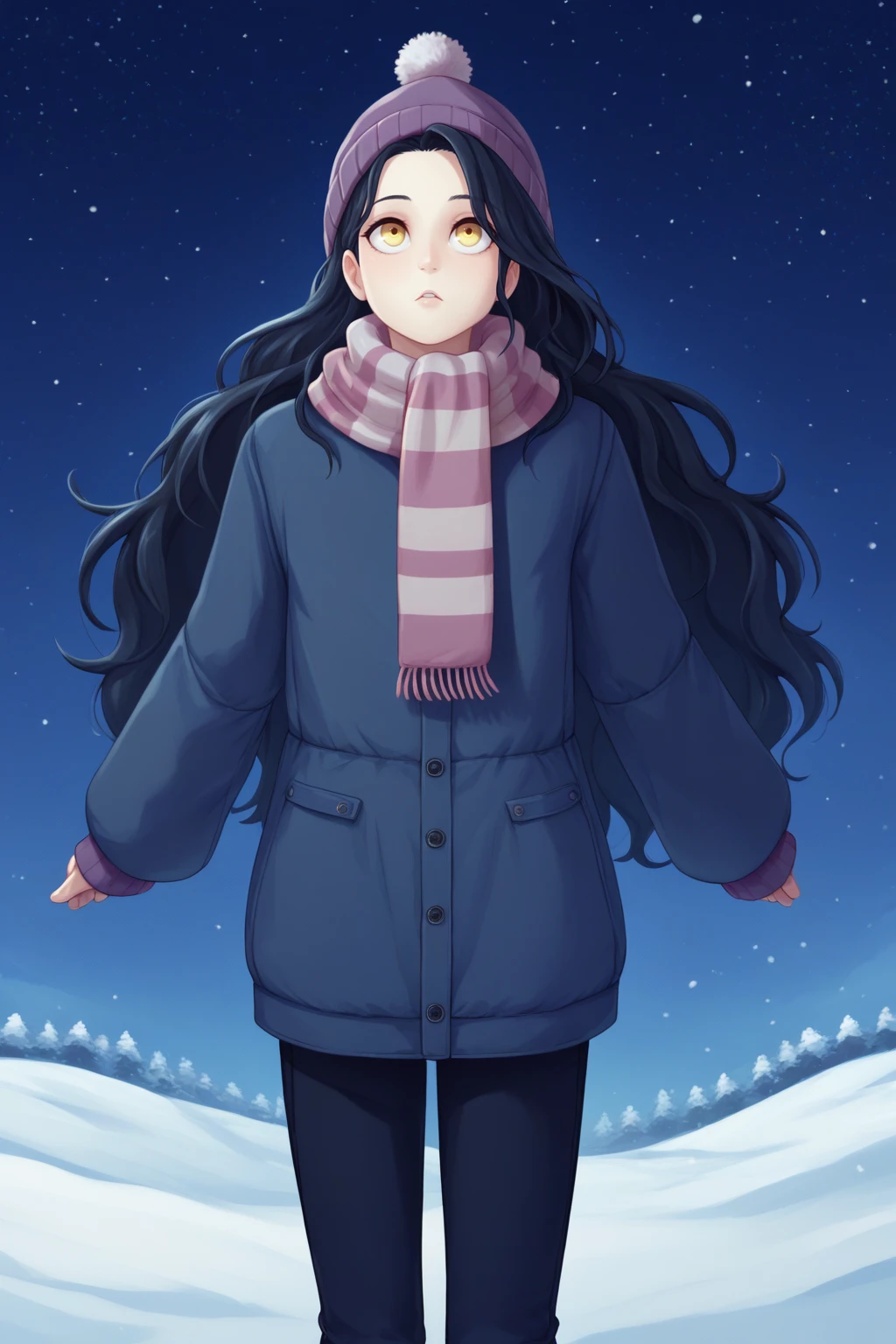 score_9, score_8_up, score_7_up, BREAK, androgynous, solo, <lora:NSLimstellaFE7:1> NSLimstellaFE7, black hair, long hair, yellow eyes, winter clothes, beanie, scarf, rural town, visible air, stars, looking up