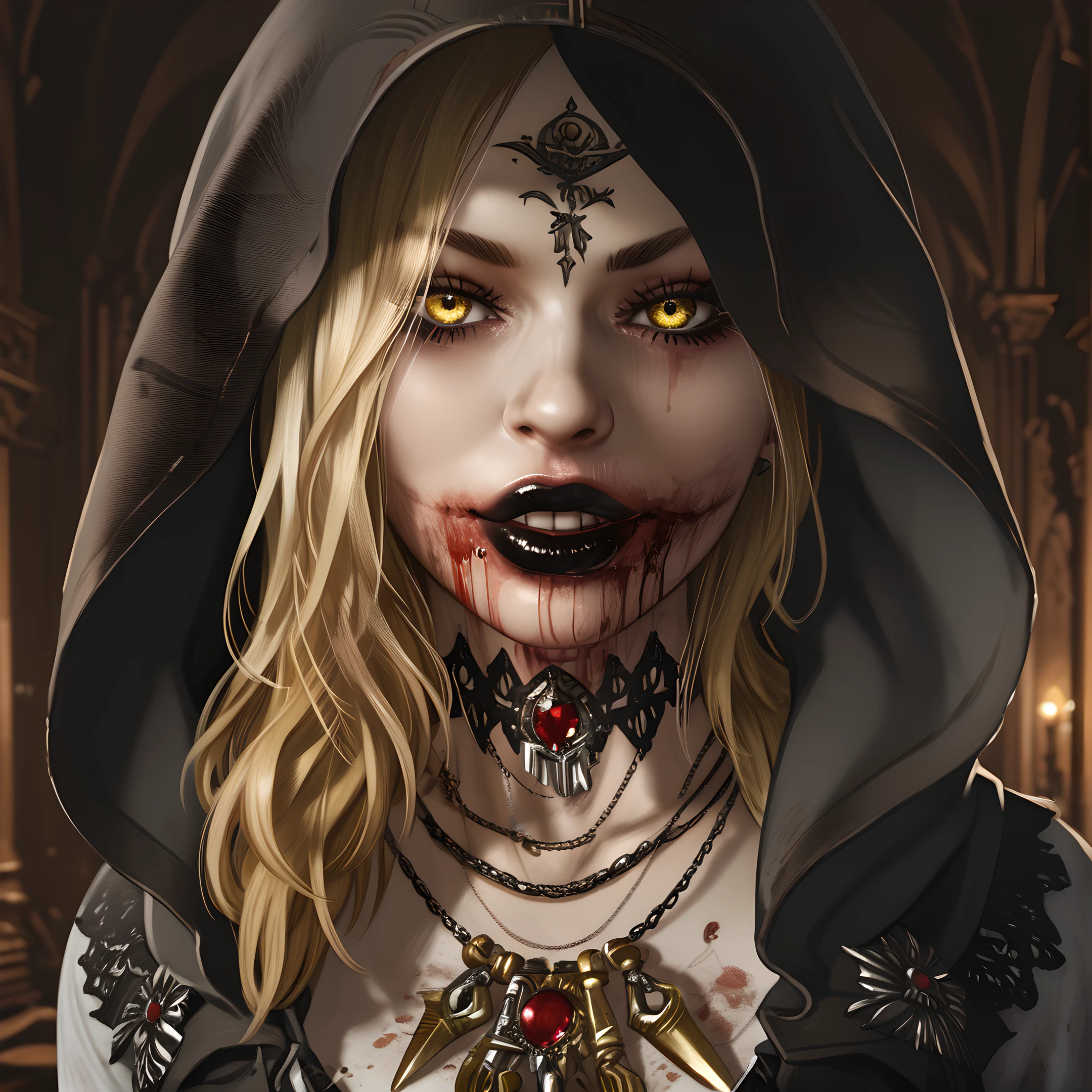 bela, 1girl, solo, blonde hair, hood, jewelry, long hair, necklace, blood, looking at viewer, yellow eyes, hood up, black lips, blood on mouth, <lora:Bela_Dimitrescu_-_Resident_Evil_Village:0.9>
BREAK
level_9, level_8_up, level_7_up, level_6_up, level_5_up, source_cartoon, masterpiece