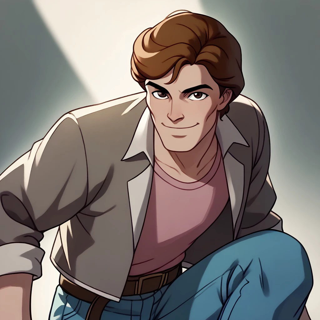 score_9, score_8_up, score_7_up BREAK PeterTAS, 1boy, brown hair, brown eyes, open gray jacket, pink tucked undershirt, brown belt, golden buckle, jeans, gray shoes, smiling at viewer,