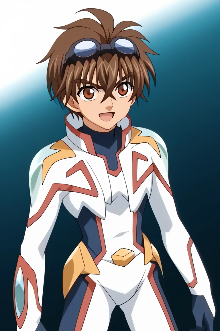 score_9, score_8_up, score_7_up, score_6_up, detailed, intricate details,best quality ,source_anime, cowboy shot,
dan_bd, brown hair, brown eyes, white bodysuit, goggles on head, 1boy, male focus, bodysuit, mecha, parody, robot, open mouth, goggles, solo, smile, pilot suit<lora:EMS-422566-EMS:1.000000>