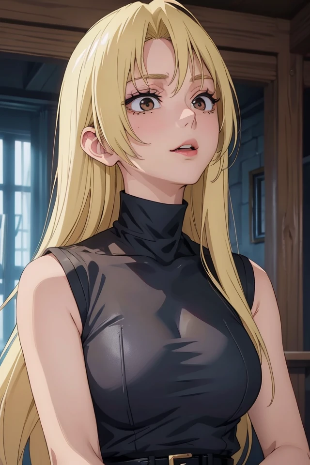 (JK_Yuki_Tsukumo), blonde hair, long hair, solo, breasts, 1girl, bangs, brown eyes, parted bangs, straight hair, makeup, pink lips, eyelashes, Black sleeveless turtleneck vest, blue jeans, black belt,