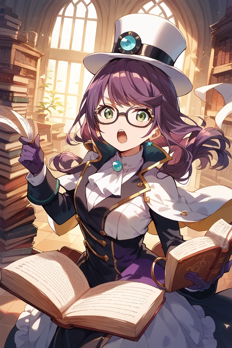 score_9, score_8_up, score_7_up, score_6_up, 1girl,
 <lora:Junna_Hoshimi:0.9> junna, green eyes, hat, gloves, glasses, solo, green eyes, purple hair, book, top hat, holding, purple gloves, white headwear, :o, open mouth, long hair