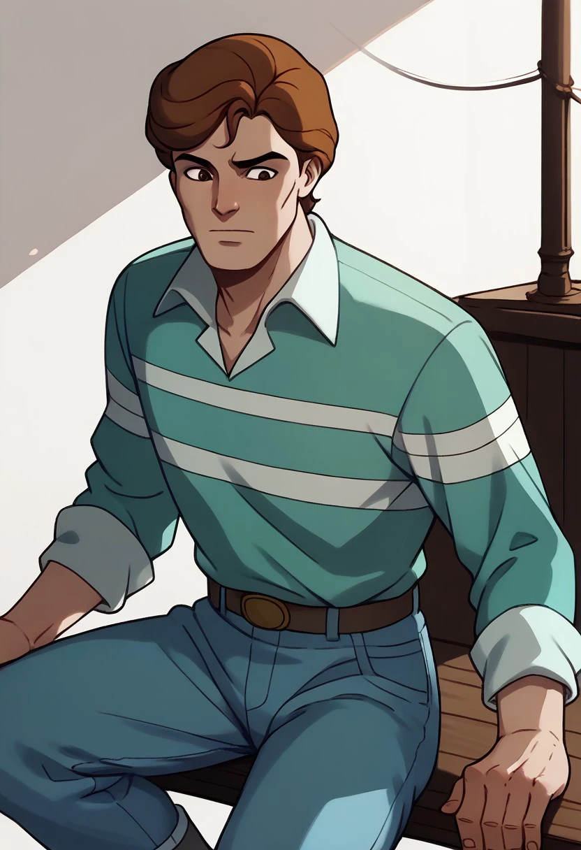 score_9, score_8_up, score_7_up BREAK PeterTAS, 1boy, brown hair, brown eyes, white-collared green white purple striped polo shirt, brown belt, golden buckle, jeans, gray shoes,