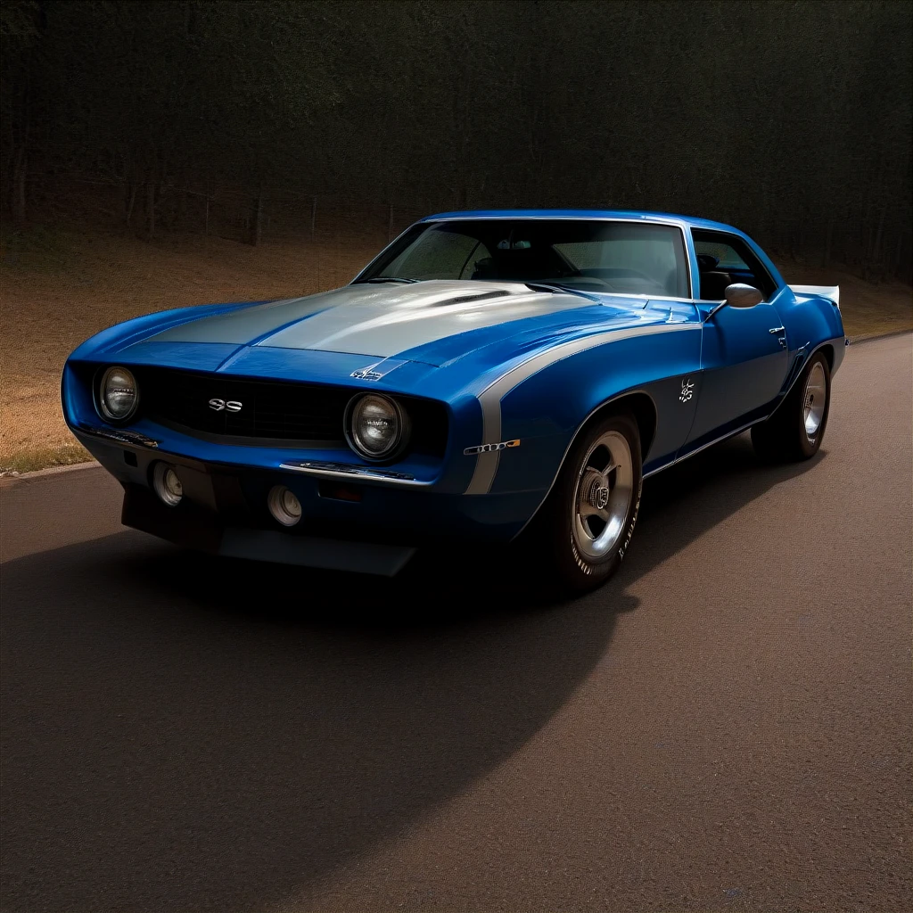 camaro1969, ground vehicle, car, vehicle focus, no humans, high detail photography, sharp focus, rear, outdoors