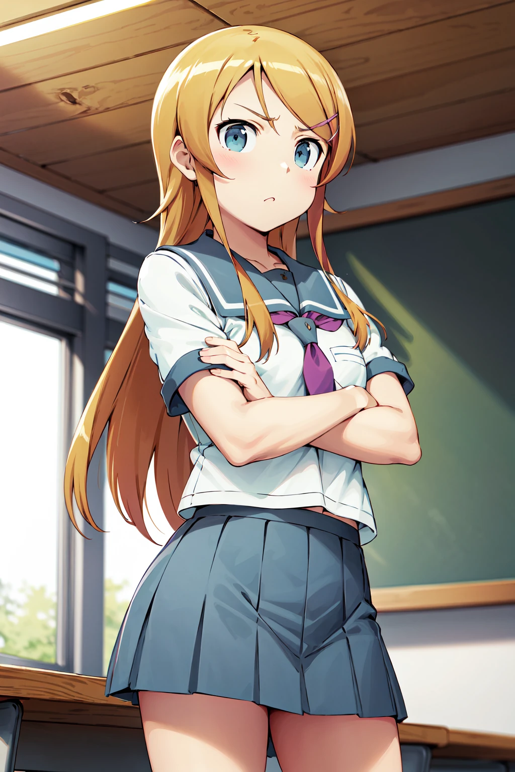 masterpiece, best quality, highres, aakirino, long hair, hairclip, school uniform, grey sailor collar, purple neckerchief, white shirt, short sleeves, pleated skirt, grey skirt, <lora:kousaka_kirino_v1:0.7>, crossed arms, :o, classroom, standing, cowboy shot, frown,