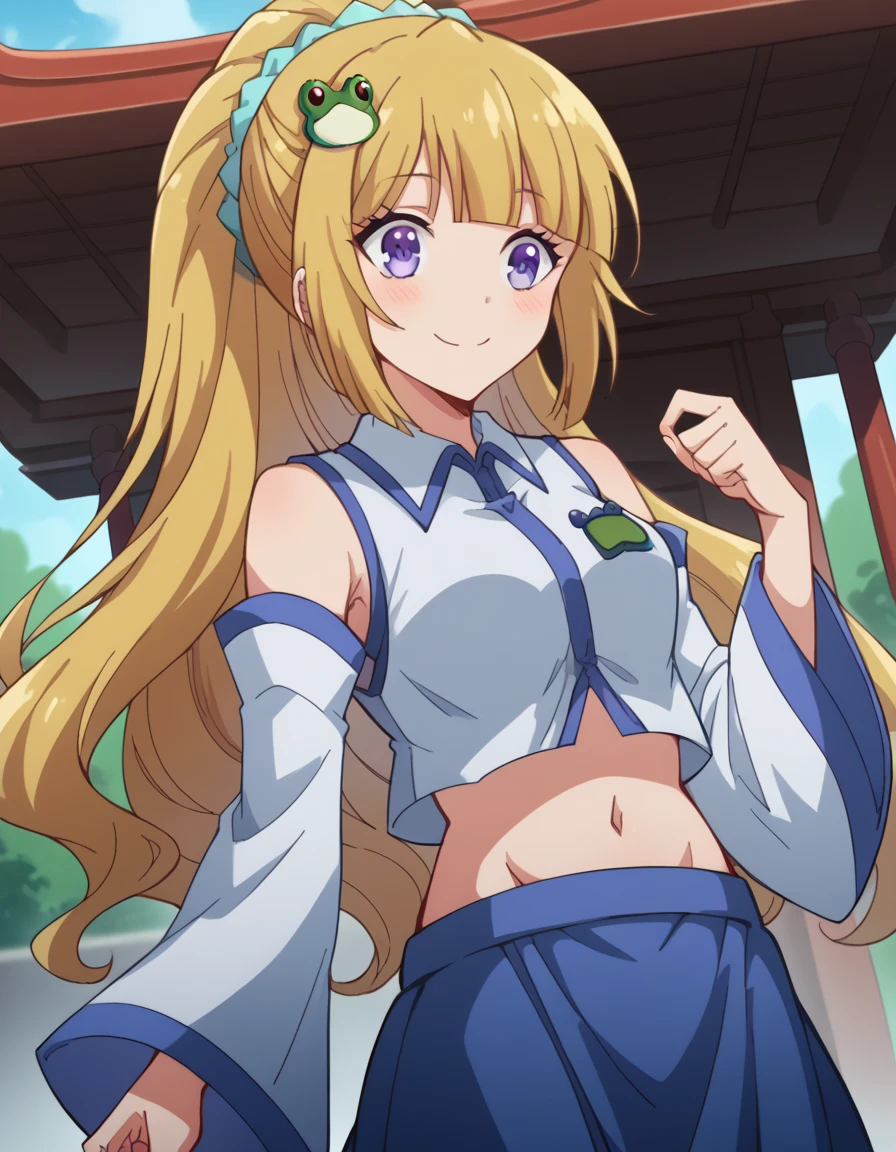 score_9, score_8_up, score_7_up, source_anime, keikaruizawa, <lora:kei-karuizawa-anime-s2-ponyxl-lora-nochekaiser:1>, kei karuizawa, long hair, bangs, blunt bangs, purple eyes, blonde hair, hair ornament, ponytail, scrunchie, blue scrunchie,, <lora:sanae-kochiya-cosplay-ponyxl-lora-nochekaiser:1>, sanaekochiyacosplay, kochiya sanae \(cosplay\), blue skirt, crop top, detached sleeves, frog hair ornament, hair ornament, long skirt, long sleeves, midriff, navel, shirt, skirt, sleeveless, sleeveless shirt, white shirt, wide sleeves,, shrine, smile, blush,, cowboy shot, dutch angle, solo,