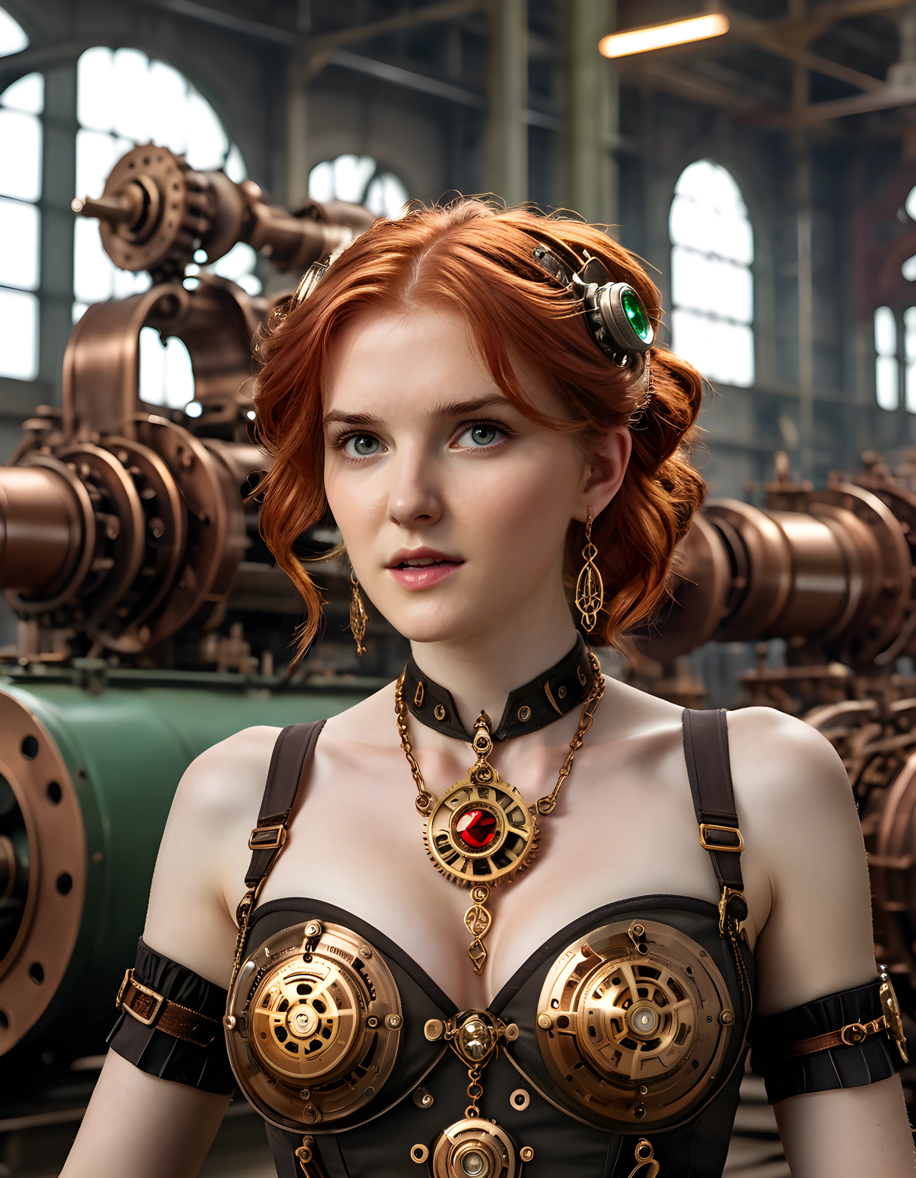 In a steampunk-inspired genre, a captivating close-up image of LYR4CR, a woman with fiery red hair cascading down her shoulders, is set against the backdrop of an intricate brass and copper machinery factory. She stands poised and confident, her hand delicately touching the glowing gears of the machinery, while her other arm cradles a magnificent, ornate clockwork necklace adorned with gold filigree and gleaming jewels, its pendulum swinging gently. Her piercing emerald eyes meet the lens, emitting an air of intelligence and determination. The industrial setting is bathed in warm, ambient light from the factory's open doors, casting a soft glow on her striking outfit - a corseted, Victorian-style dress made of rich velvet with brass accents that accentuate her slender waistline. A pair of intricate, steampunk earrings dangle from her ears, reflecting the glint of the machinery and the factory's vast, ominous gears in their polished surfaces. The emotional tone is one of empowerment and resilience as LYR4CR stands defiantly amidst the cacophony of whirring gears and clanking metal, her presence a beacon of strength and innovation in the heart of the industrial revolution.