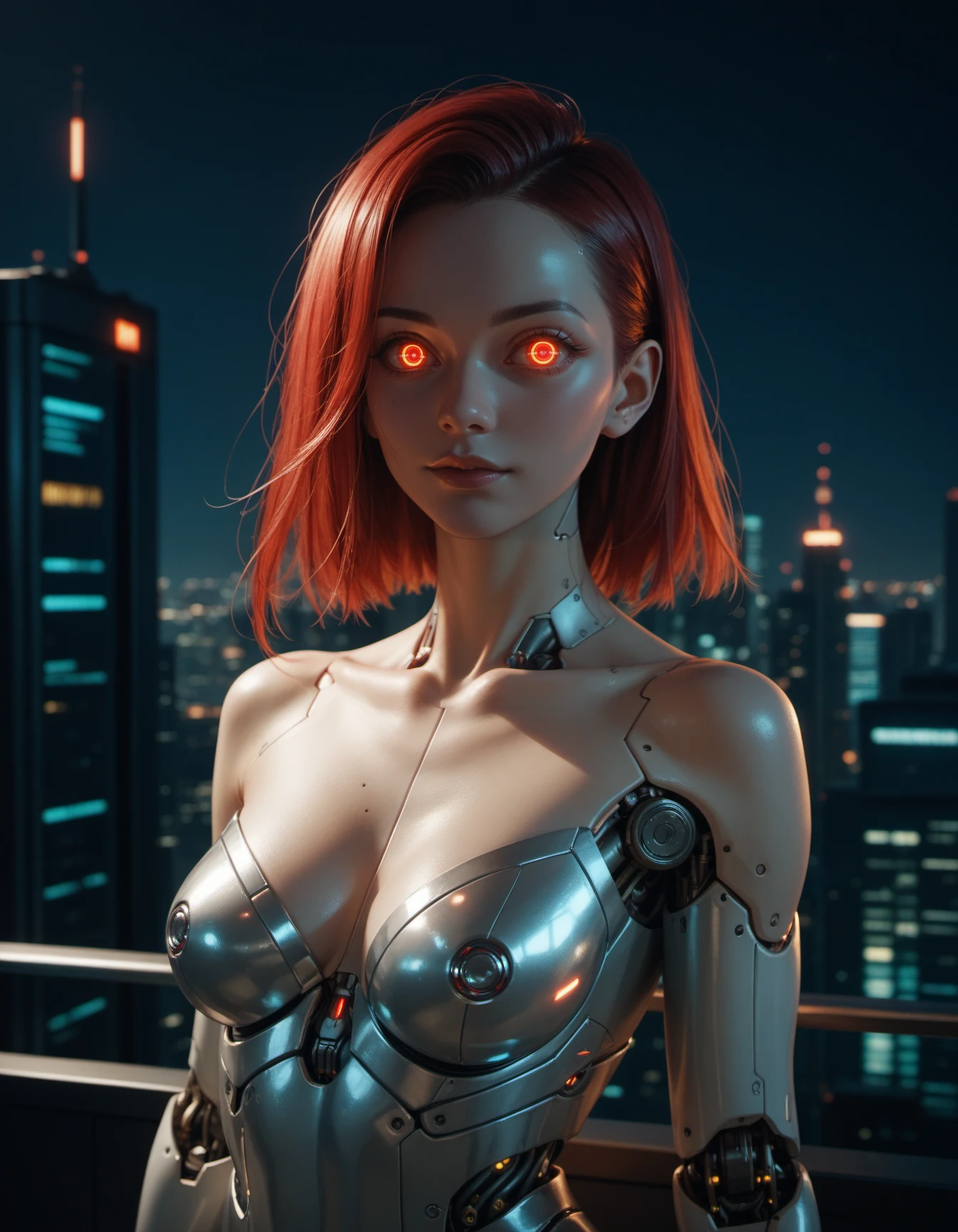 score_9, score_8_up, score_7_up,score_6_up, score_5_up,luxurious, 1robot, cyber,cyberpunk, looking at the viewer, red hair, mechanical joints, glowing eyes, long silver dress, upper body, city view, night, riverside,