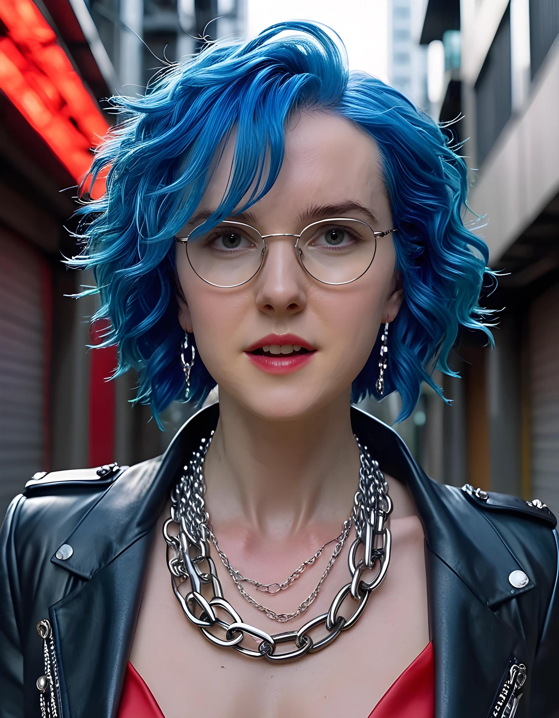 A high-definition close-up image captures LYR4CR, a striking woman with electric blue hair cascading in vibrant curls around her angular face. Her short, spiked hair contrasts sharply against the smooth skin of her shaved head, adorned with multiple piercings and intricate tattoos that tell stories of rebellion and resilience. She dons a unique outfit - a black leather jacket over a red dress embellished with silver studs and chains, the material draping elegantly around her lean figure. A pair of stylish glasses perches precariously on the bridge of her nose, while large hoop earrings and a heavy necklace made of interlocking silver rings catch the light as she looks directly into the camera with a fierce, determined gaze. The background is a graffiti-covered alleyway in the heart of downtown Tokyo, the neon lights casting an ethereal glow on her face, creating a gritty yet glamorous atmosphere that perfectly encapsulates her defiant spirit.