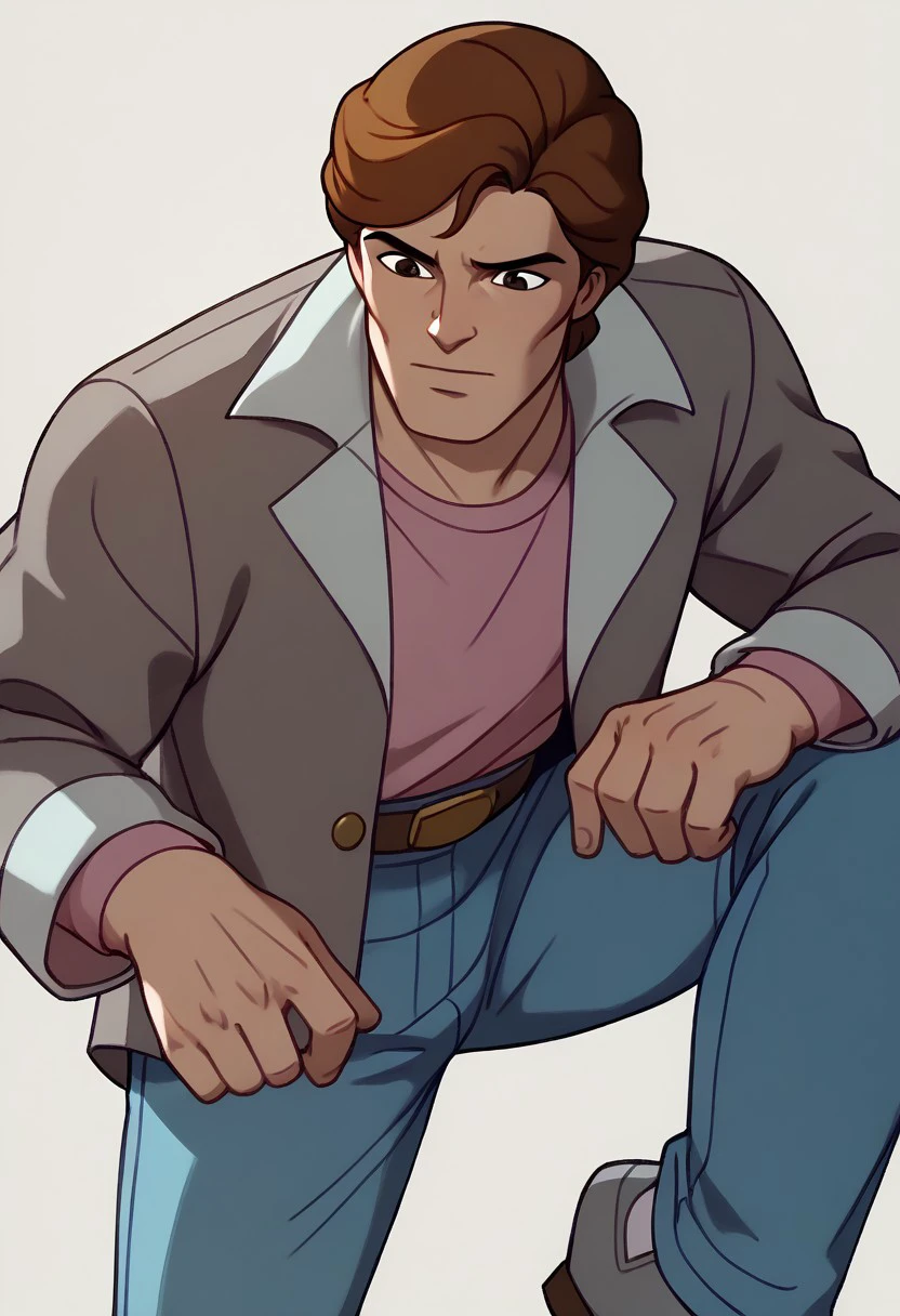 score_9, score_8_up, score_7_up BREAK PeterTAS, 1boy, brown hair, brown eyes, open gray jacket, pink tucked undershirt, brown belt, golden buckle, jeans, gray shoes,