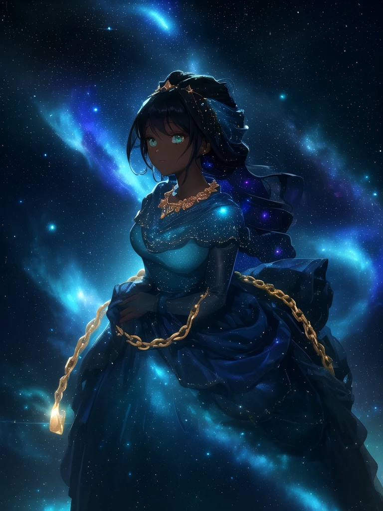 (real photo of a gorgeous lady with dark skin wearing a shiny blue dress:1.1), night sky with stars, soft glow, realistic dark lighting, looking up, black hair, green eyes, golden chains, (shiny gold:0.3), cosmic background reflecting on her skin, dreamy, (lens effect, lens glare:0.4)