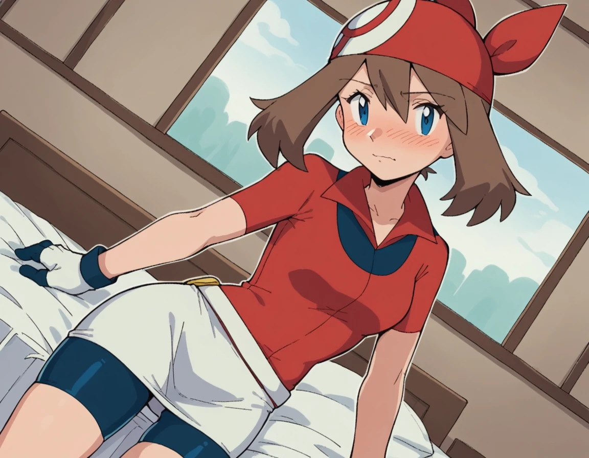 score_9, score_8_up, score_7_up, source_anime, <lora:pokemon-may-anime-ponyxl-lora-nochekaiser:1>, pokemonmay, blue eyes, brown hair, bandana, long hair, red bandana, twintails, hair between eyes,, bike shorts, collared shirt, gloves, microskirt, multicolored shirt, pencil skirt, red shirt, shirt, short sleeves, skirt, white skirt,, indoors, bed, bed room, on side, blush, drunk, looking at viewer, solo, cowboy shot, dutch angle