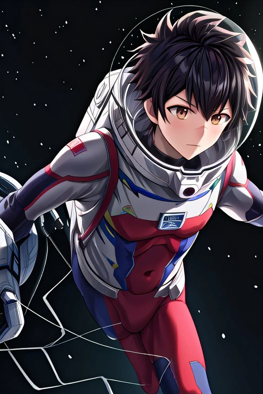 high resolution, solo, best quality, 1Boy, Kanata Hoshijima, Black hair, Brown Eyes, Space Suit, Space, Lost in Space, Astronaut,