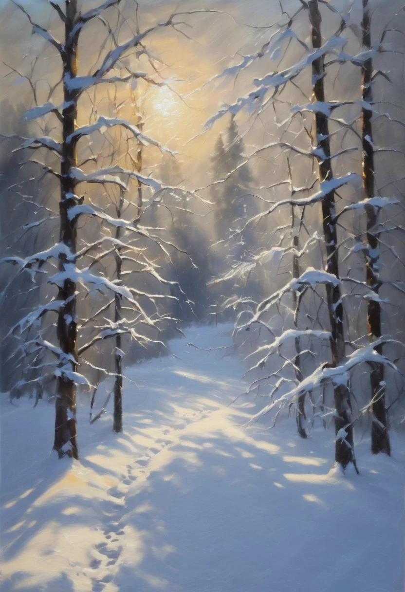 snow, scenery, sunlight, footprints, tree, greyscale, cloud, god rays, snow flakes, impressionism, oil painting, vivid colors