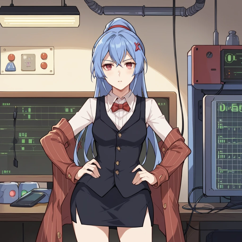 score_9_up, score_8_up, score_7_up, score_6up, source_anime, 1girl, solo, Edison, Edi_Stigmata, ceiling lamp, screens, wires, standing, hand on hip, looking at you, long hair, blue hair, ponytail, pencil skirt, black vest, collared shirt, long sleeves, white shirt, red bowtie, x hair ornament, mini skirt, dynamic cowboy shot, indoors, facility laboratory background,