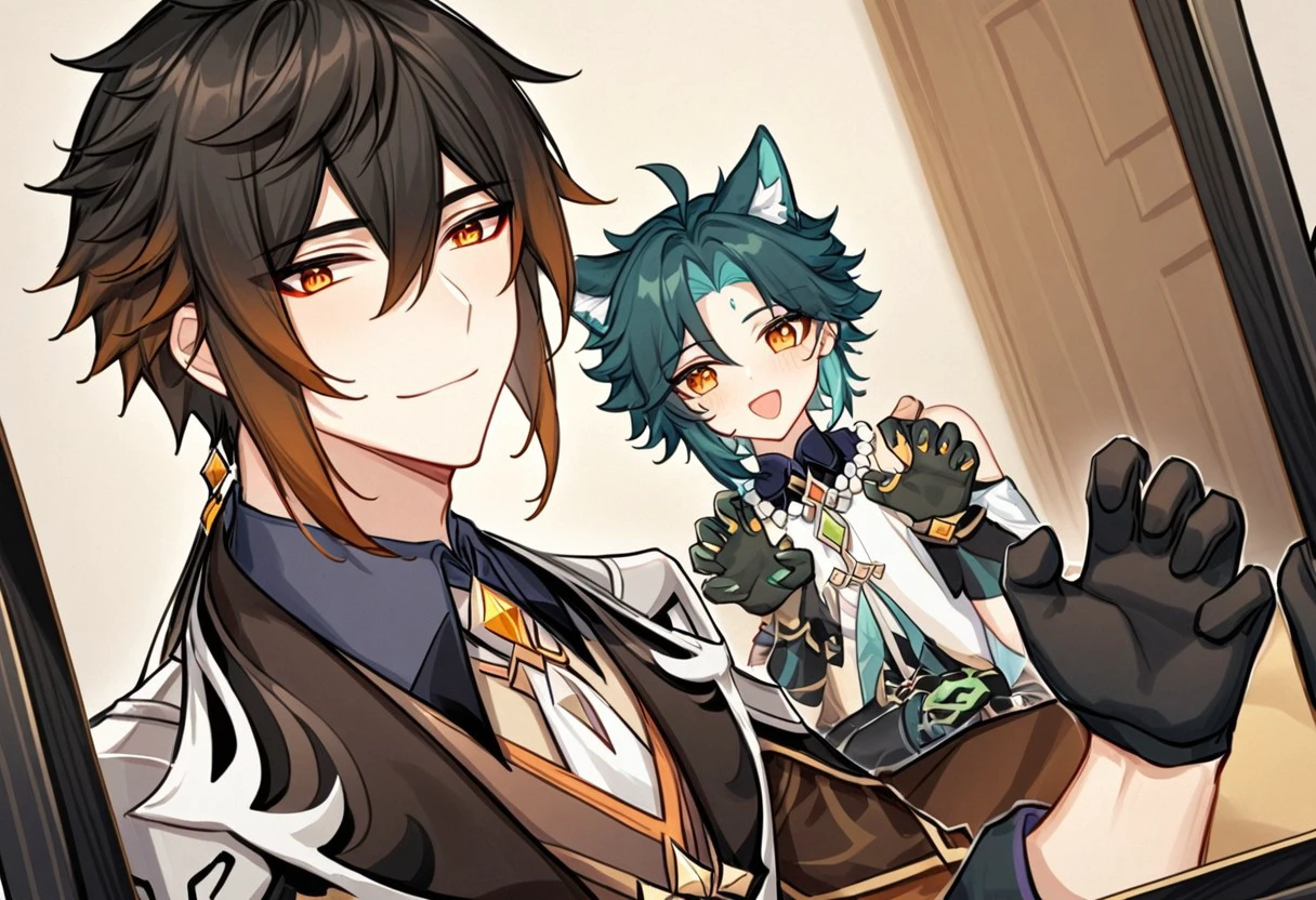 Zx, Zhongxiao,boylove, yaoi, couple, Zhongli_and_Xiao (Genshin Impact), multiple boy, 2boy, selfie, smile, take a photo, inside, animal ears, claw pose, wolf ear, cat ear