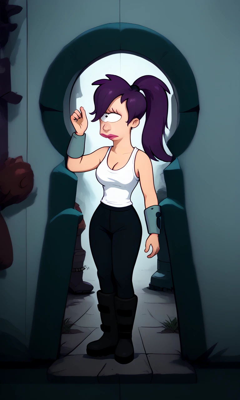 <lora:Keyhole_Art_Pony:1.5>, keyhole_art, simple_foreground, keyhole_view,   <lora:PonyXL_Leela_Futurama_v2:1> leela, 1girl, purple hair, one-eyed, cyclops, ponytail, long hair, solo, breasts, lips, lipstick, medium breasts, makeup, , white tank top, cleavage, black pants, boots,, source_cartoon, score_9, score_8_up, score_7_up,